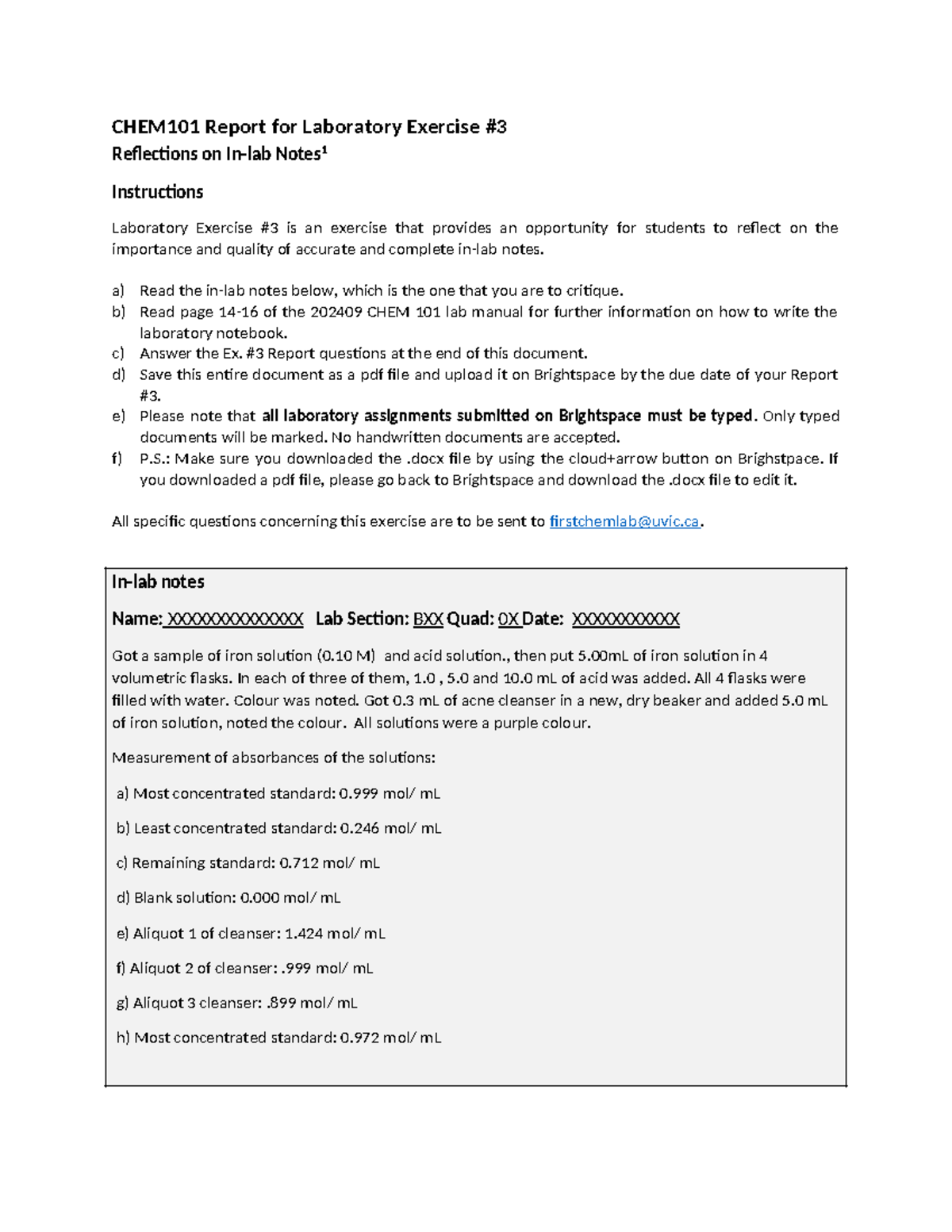 101 Ex3 B0X Report Template B - CHEM101 Report for Laboratory Exercise ...