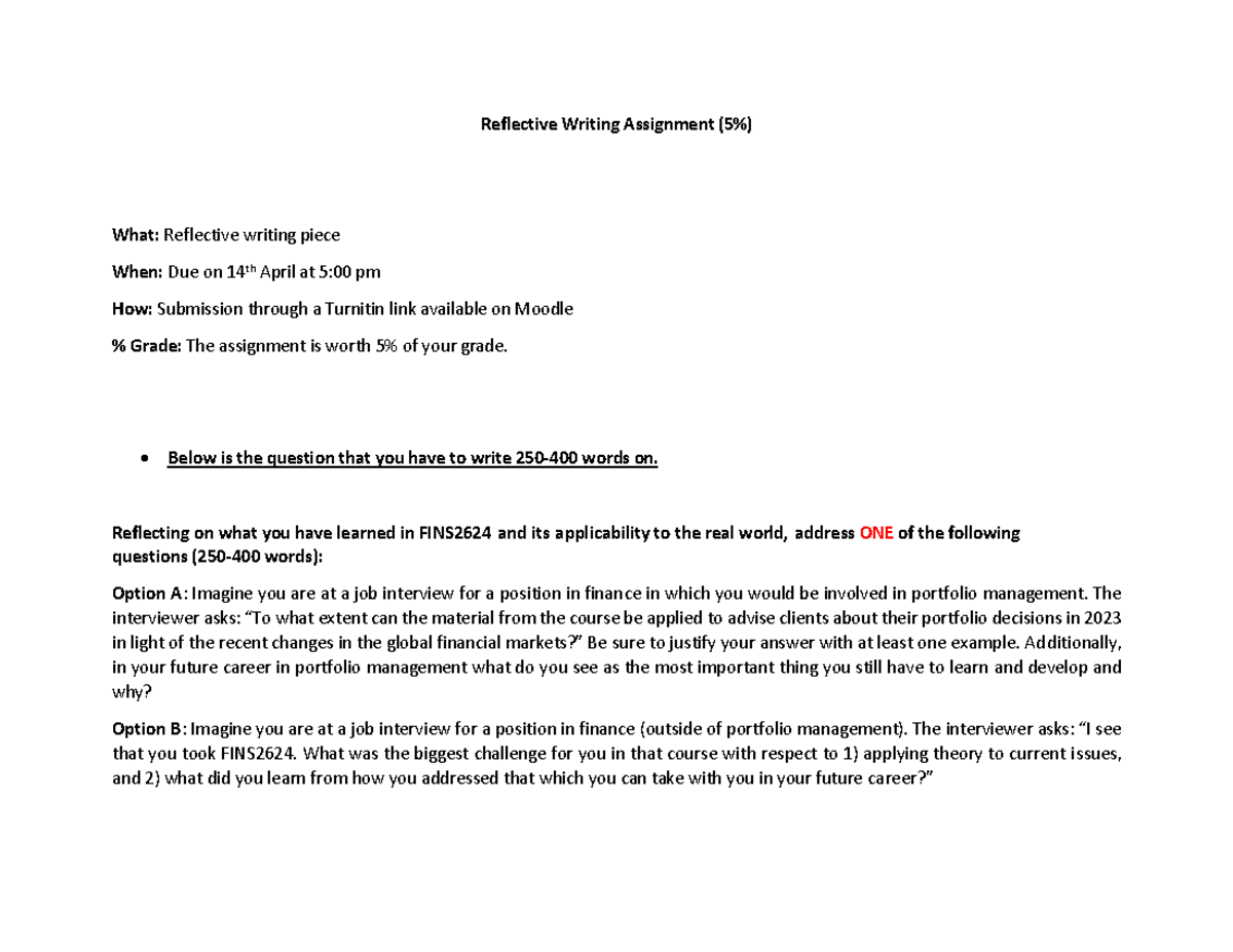 FINS2624 Reflective Writing Assignment Guidelines and Details - Studocu