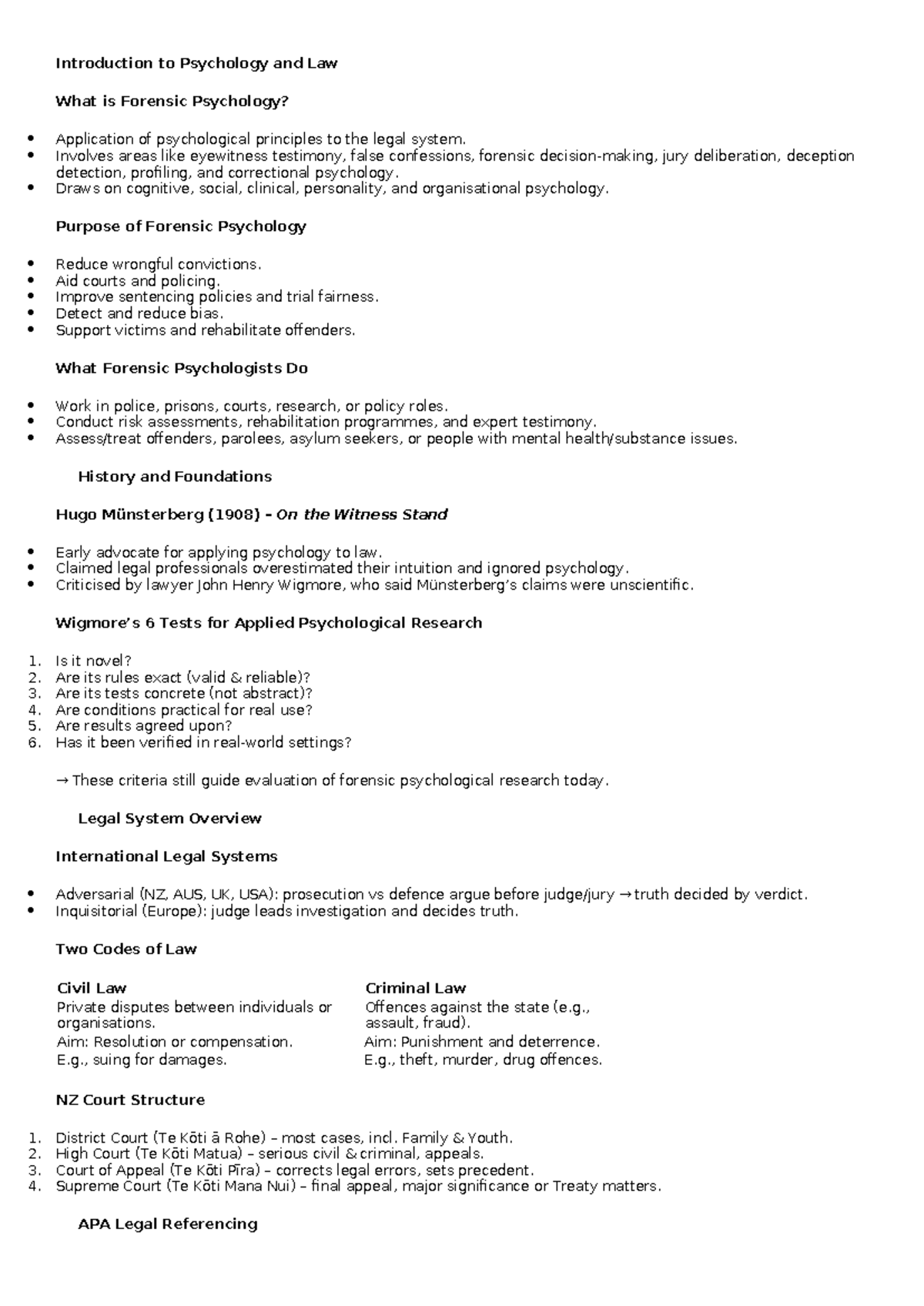 PSYC216 Final Exam Notes: Forensic Psychology and Law Overview - Studocu