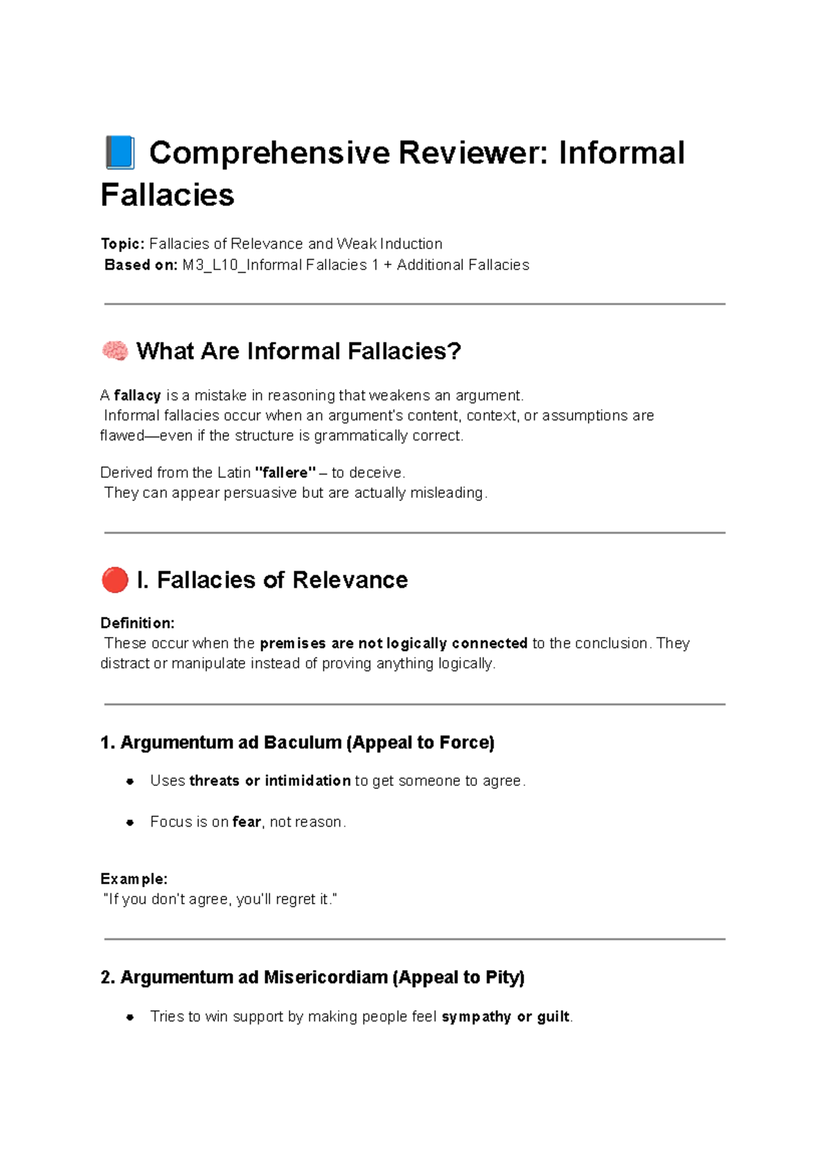 Comprehensive Reviewer: Informal Fallacies (M3_L10) - Fallacies of ...
