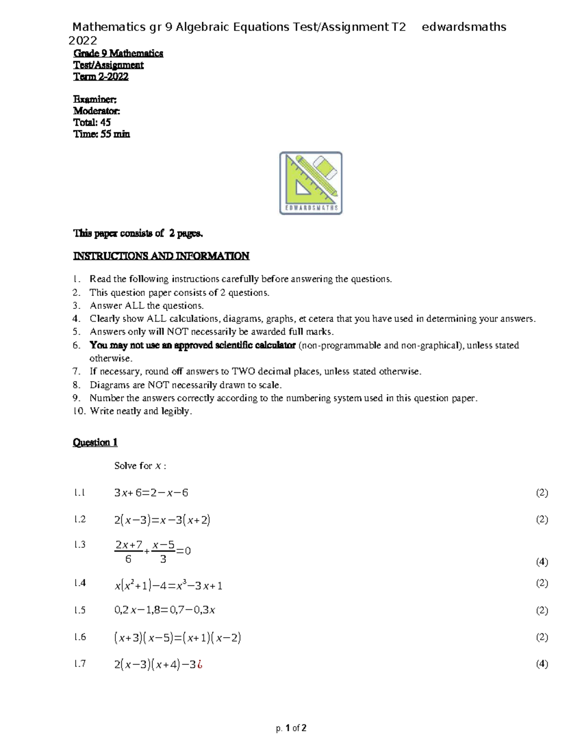 Gr 9 Maths Algebraic Equations Test T2 2022 Edwardsmaths - Studocu
