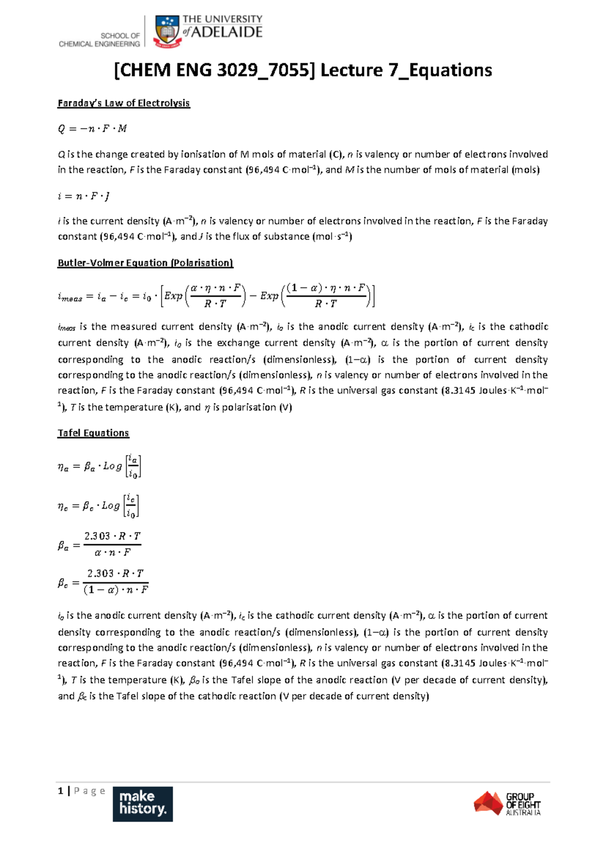 [ CHEM ENG 3029 7055] Lecture 7 Equations (2024) - 1 | P a g e [CHEM ...