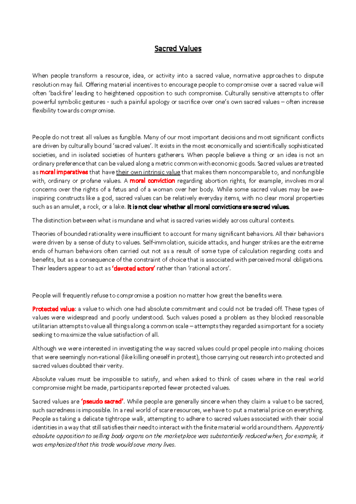 Notes - Understanding Sacred Values and Their Impact on Decisions - Studocu