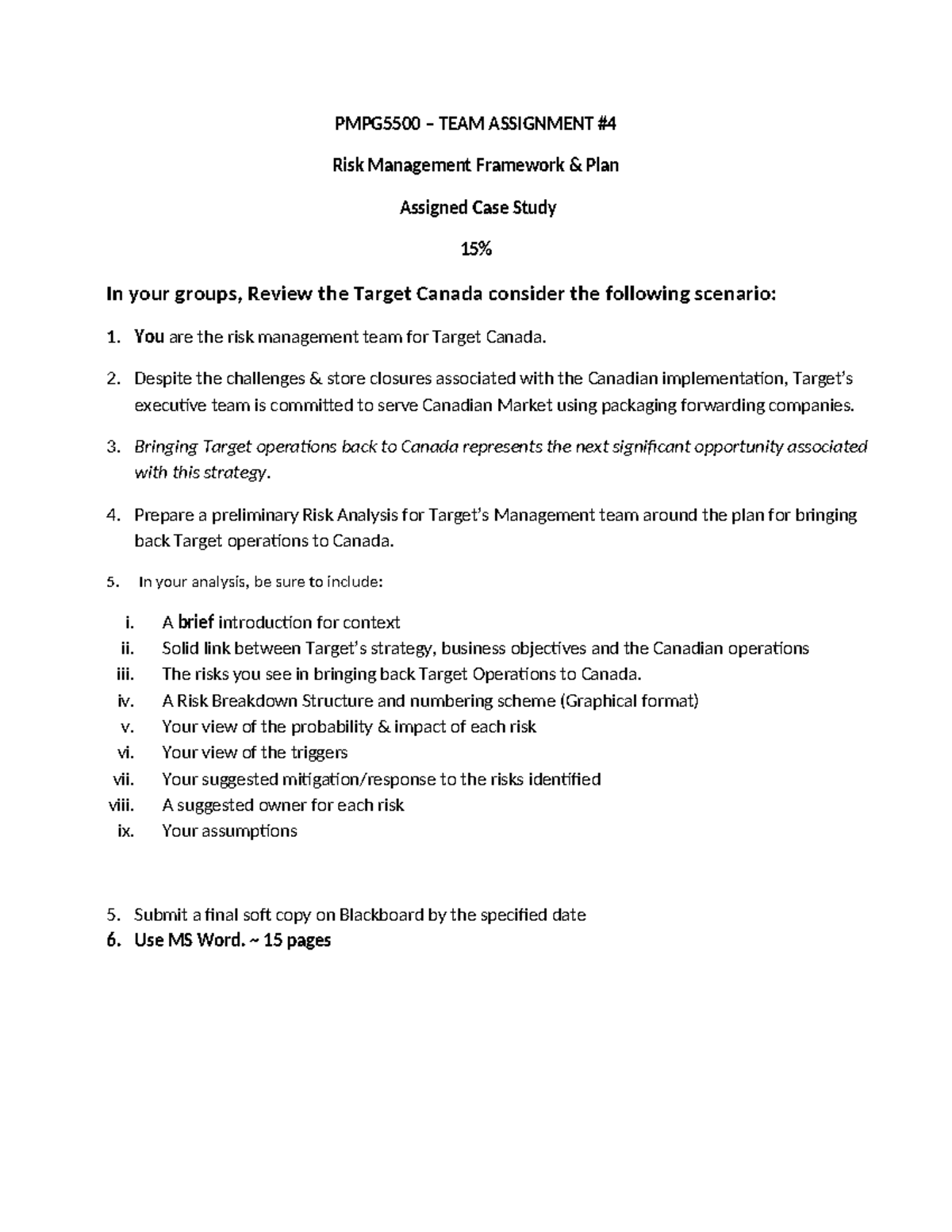 PMPG5500 Team Assignment #4: Risk Management for Target Canada - Studocu