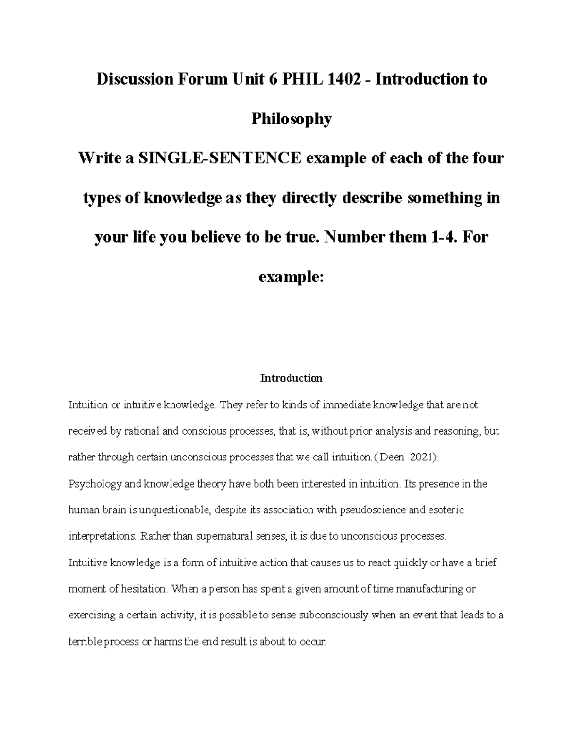 Discussion Forum: Types of Knowledge in Life (Unit 6) PHIL 1402 - Studocu