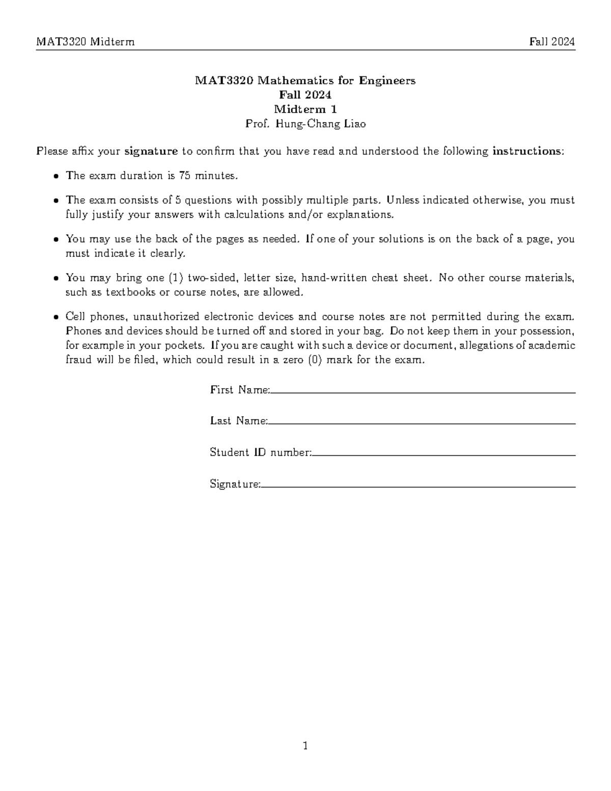 MAT3320 Midterm Exam 1 Fall 2024 - Mathematics for Engineers - Studocu