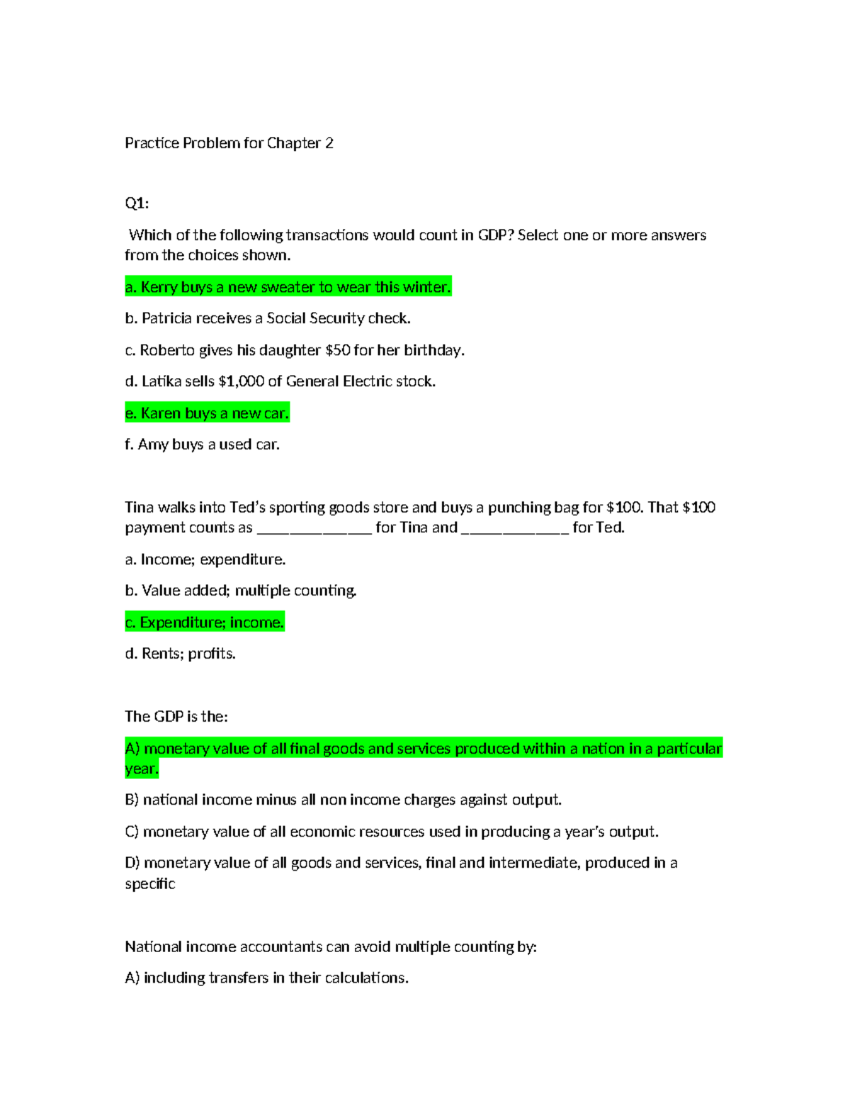 Practice Problem Ch 2: GDP Calculation and Concepts - Studocu