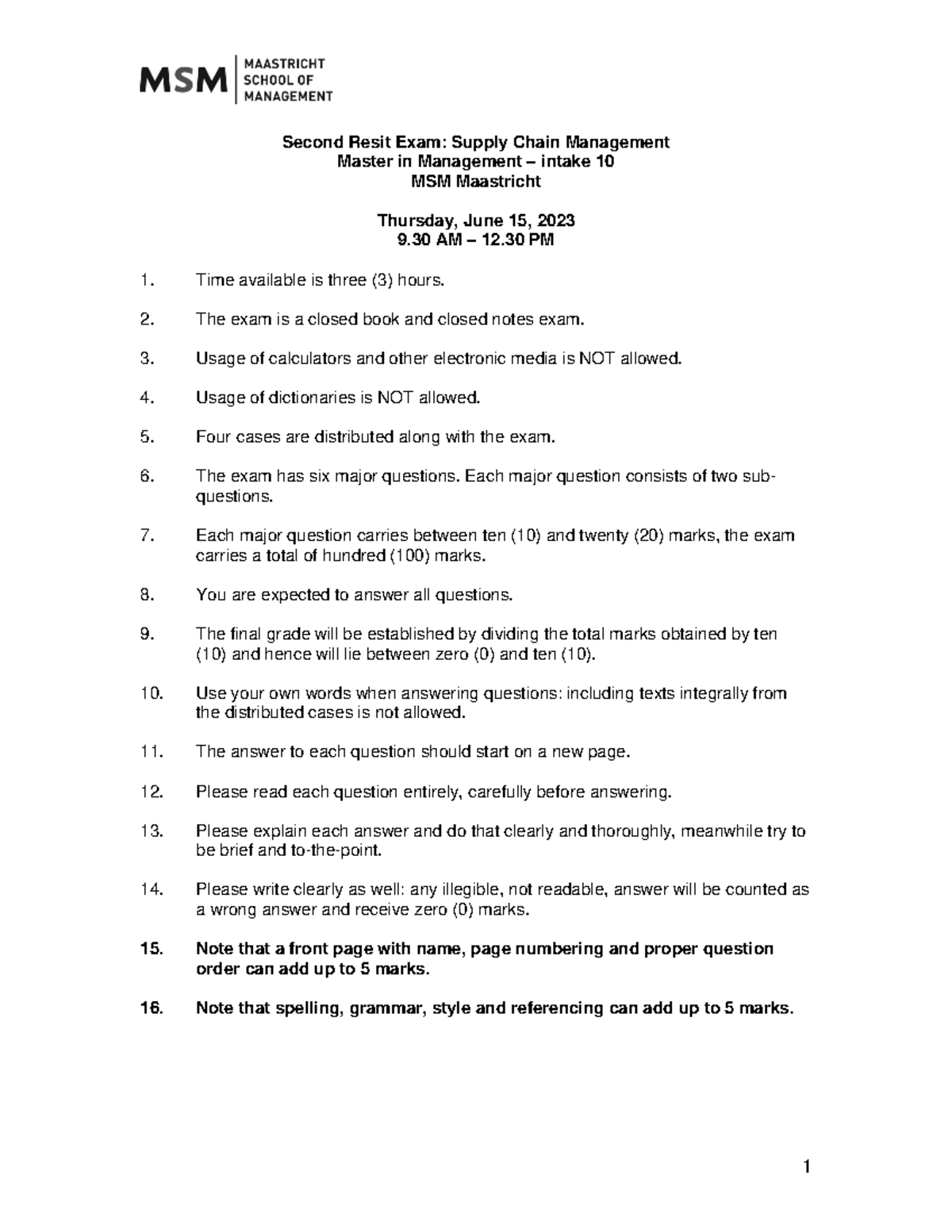 SCM Resit Exam for MM - 15 June 2023: Guidelines & Questions - Studeersnel
