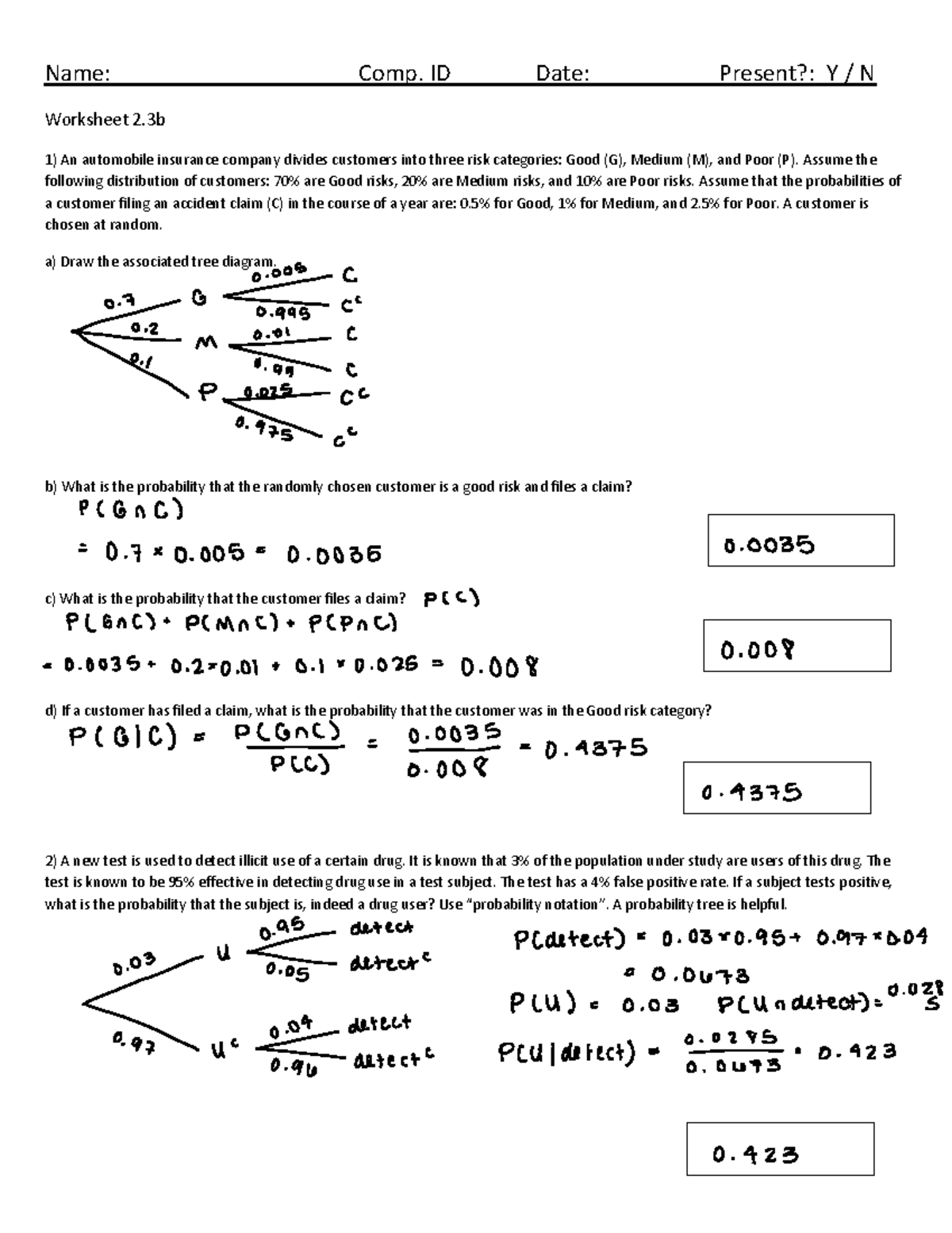 Homework Worksheet 2.3b: Probability and Risk Analysis - Studocu