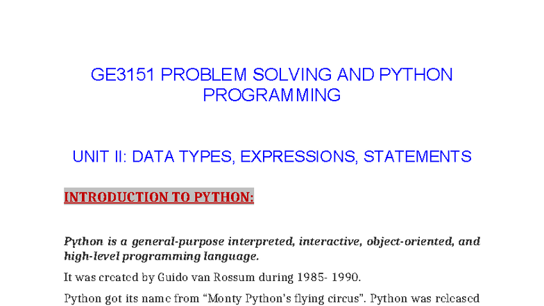 GE3151 UNIT II: Data Types, Expressions, and Statements in Python - Studocu