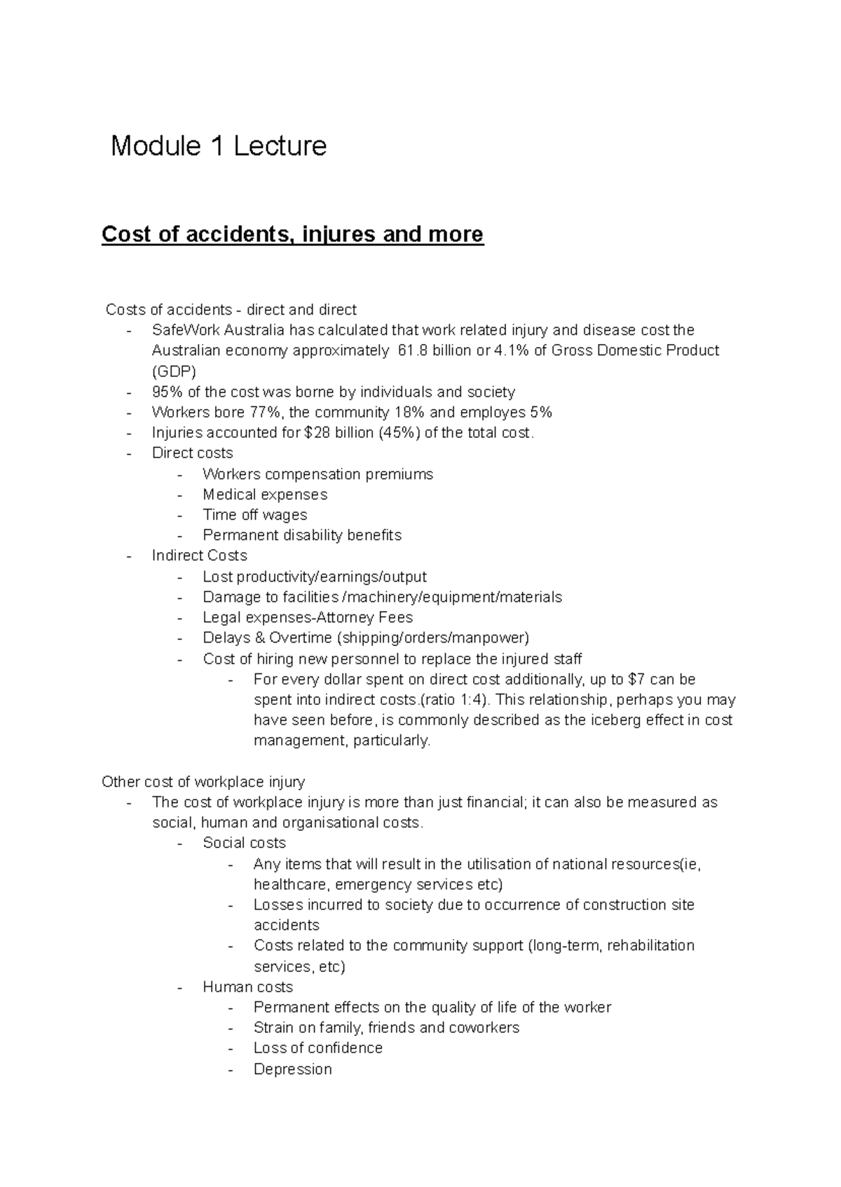 Construction Work Safety Lecture Notes - Module 1 Lecture Cost of ...