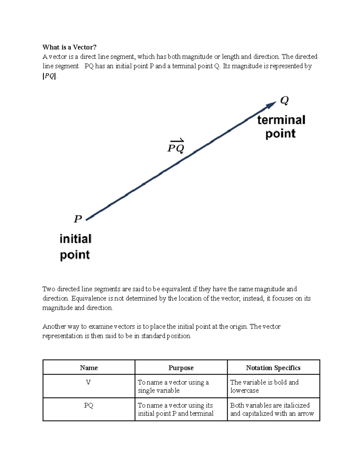 Calculus Module 7 Notes - What is a Vector? A vector is a direct line ...
