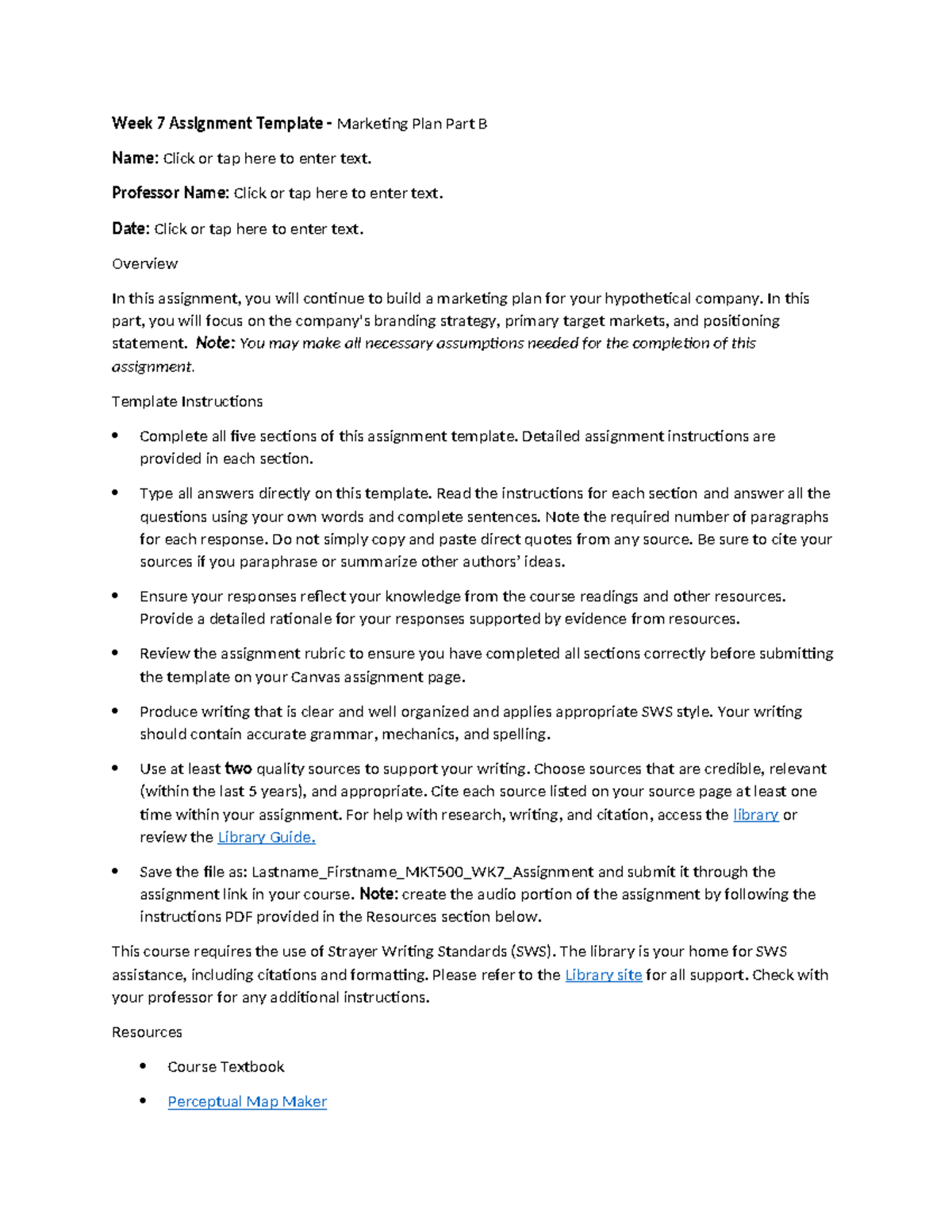 MKT500 Week 7 Marketing Plan Assignment Template: Part B Focus on ...