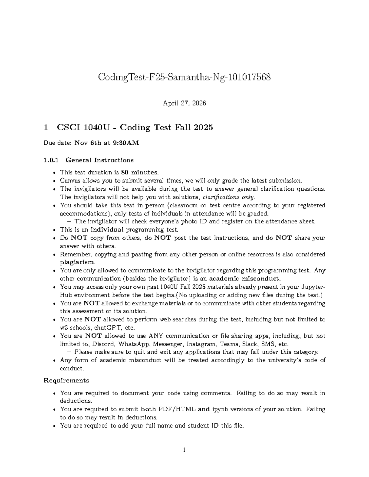 CSCI 1040U Fall 2025 Coding Test Instructions and Guidelines - Studocu