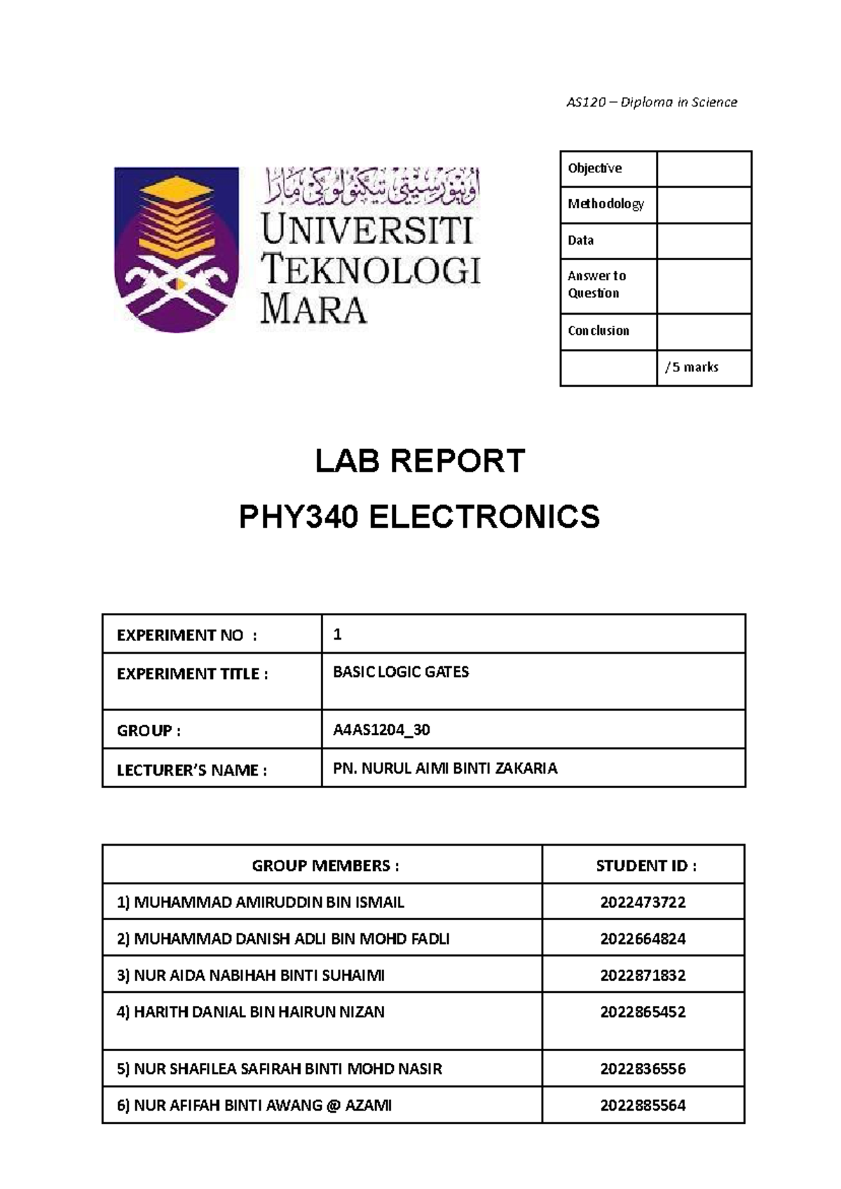 PHY340 Lab Report 1: Basic Logic Gates Experiment - Studocu