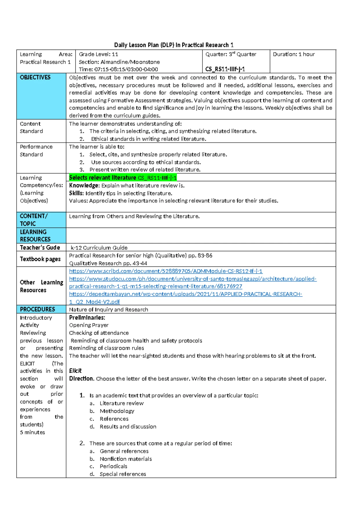 CS_RS11 IIIa 3 a1 - Daily Lesson Plan on Practical Research 1 - Studocu