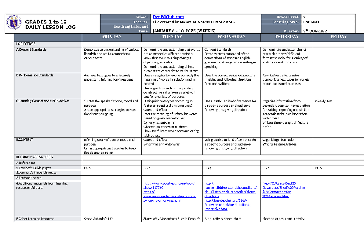 DLL English 5 Q3 W5 - summarizing - GRADES 1 to 12 DAILY LESSON LOG ...