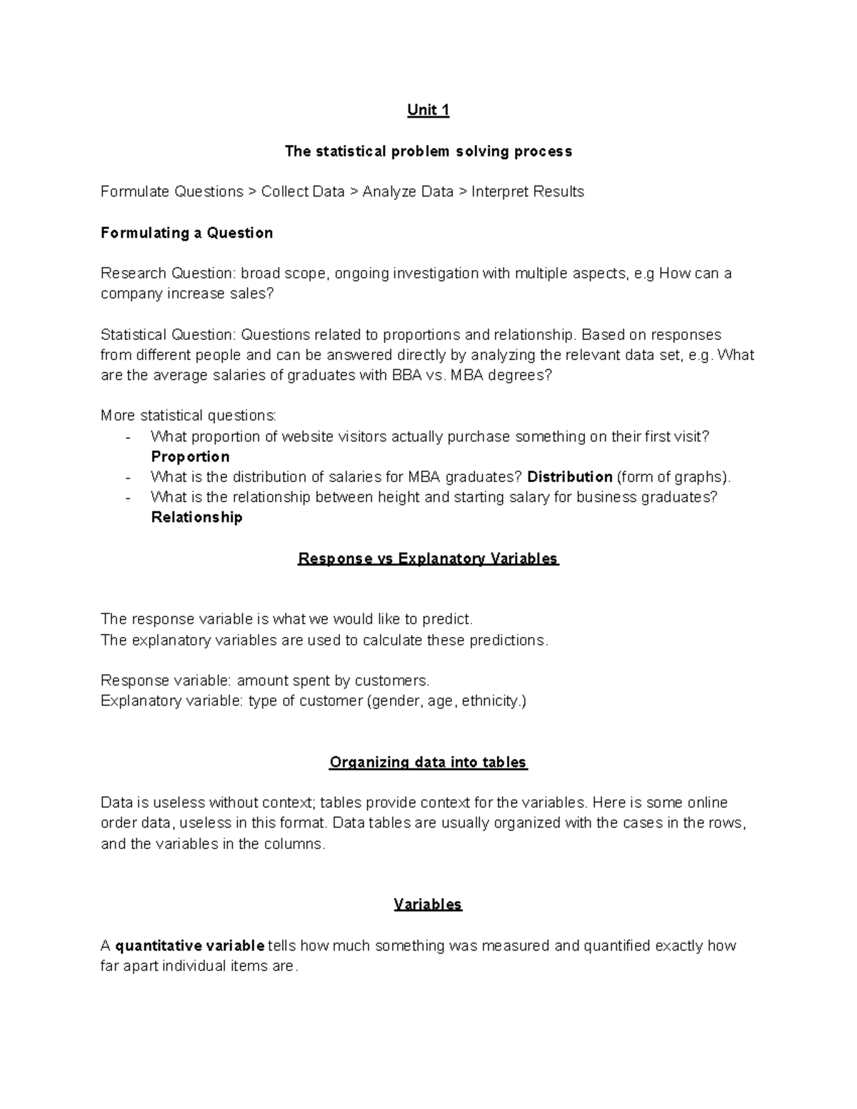 BUSN 3000 - BUSN 3000 notes - Unit 1 The statistical problem solving ...