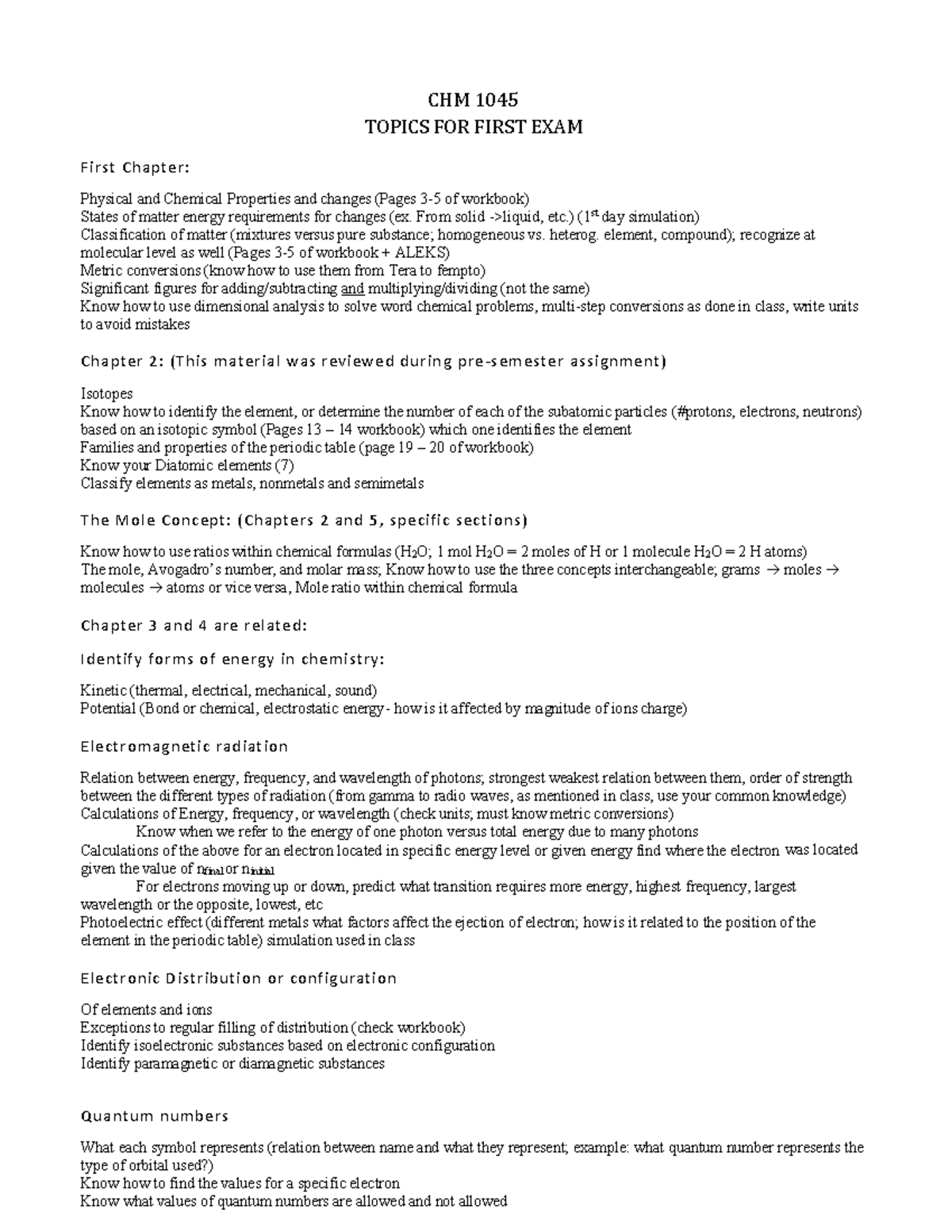 CHM 1045: First Exam Topics - Physical & Chemical Properties Overview ...