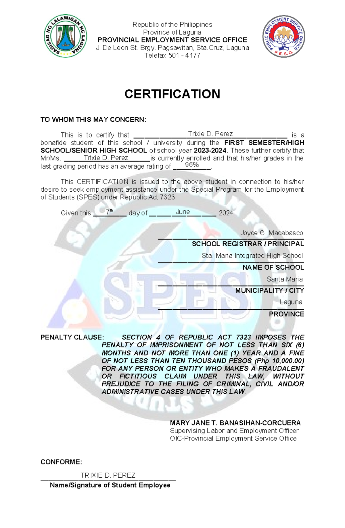 School Certification 1 COPY 2 Photo COPY - Republic of the Philippines ...