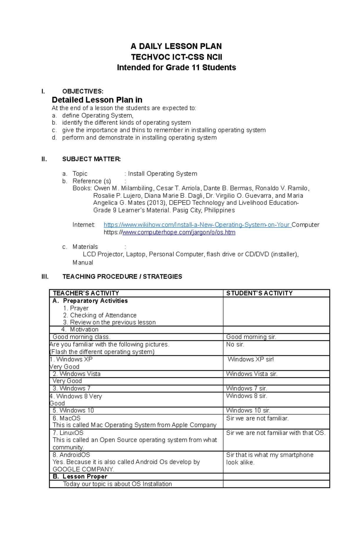 A detailed lesson plan in ict css - A DAILY LESSON PLAN TECHVOC ICT-CSS ...