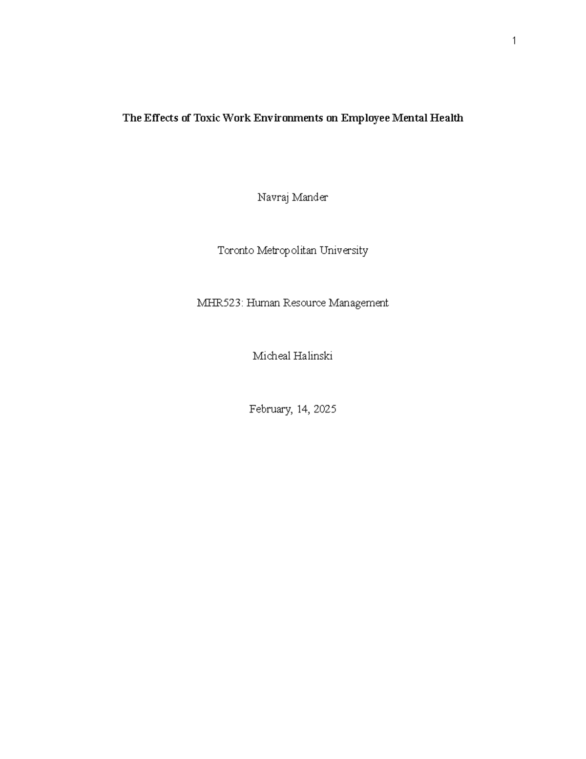 MHR523: The Impact of Toxic Work Environments on Employee Mental Health ...
