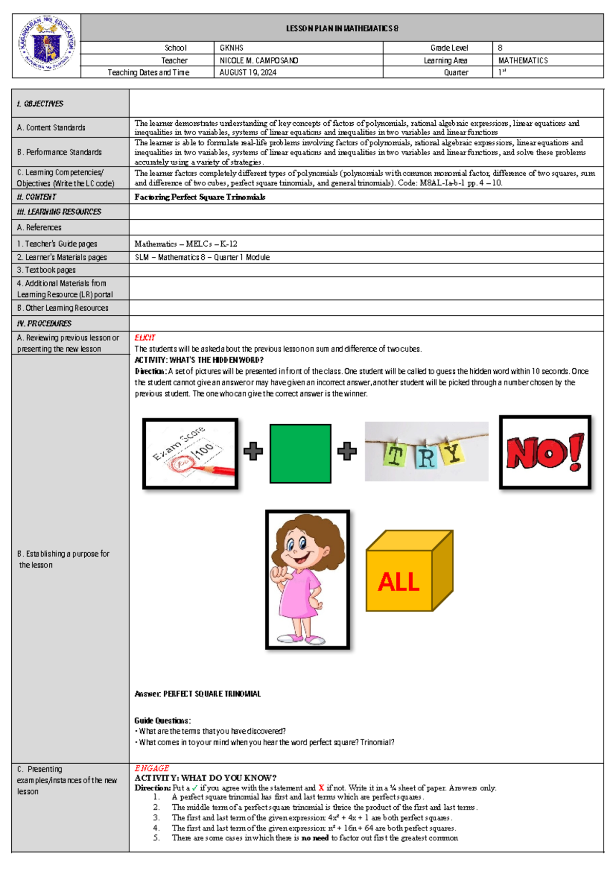 M8LP-FPST NMC-final - Lesson Plan - LESSON PLAN IN MATHEMATICS 8 School ...