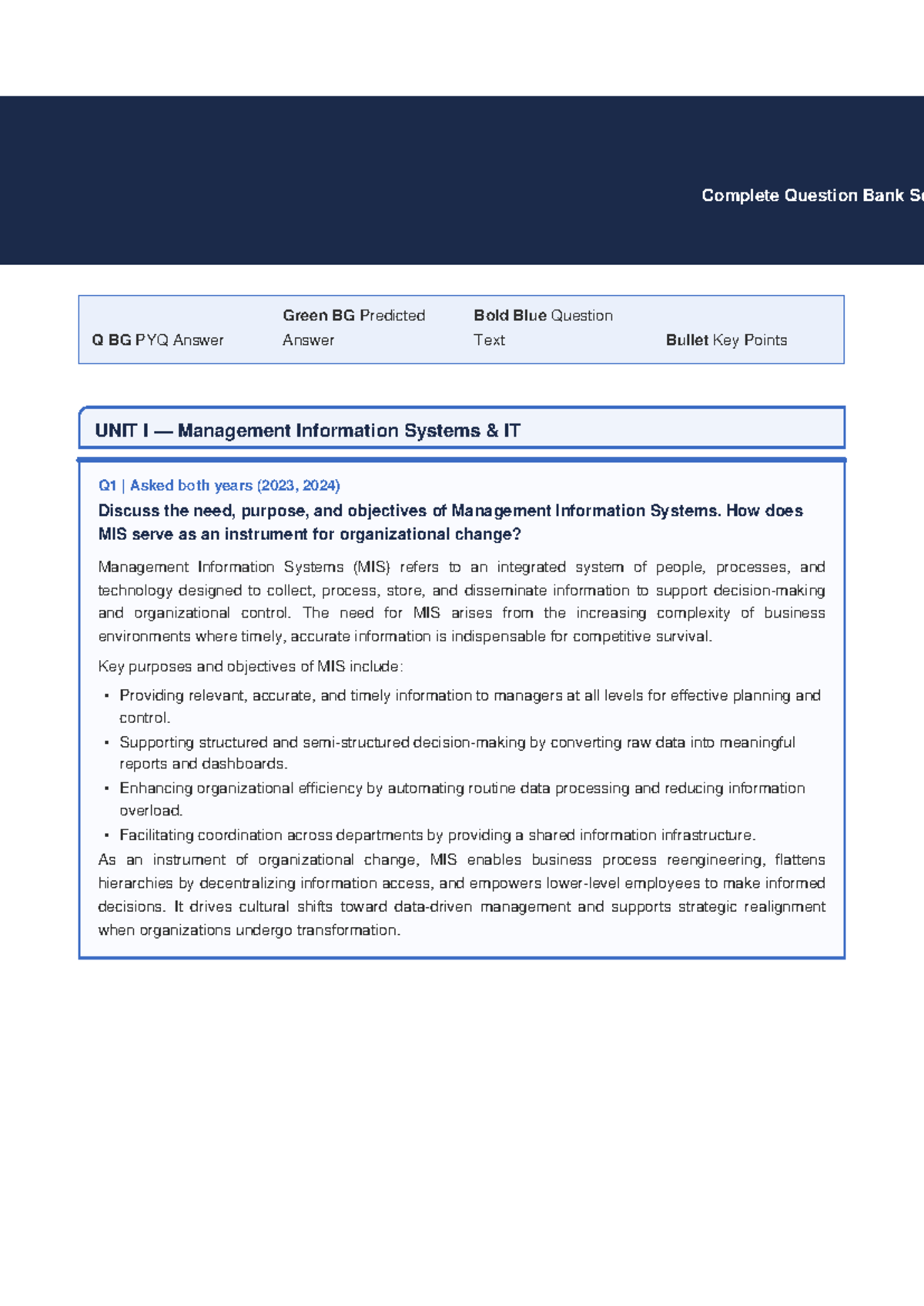 MIS Complete Solutions: Comprehensive Question Bank for 2023-2024 - Studocu