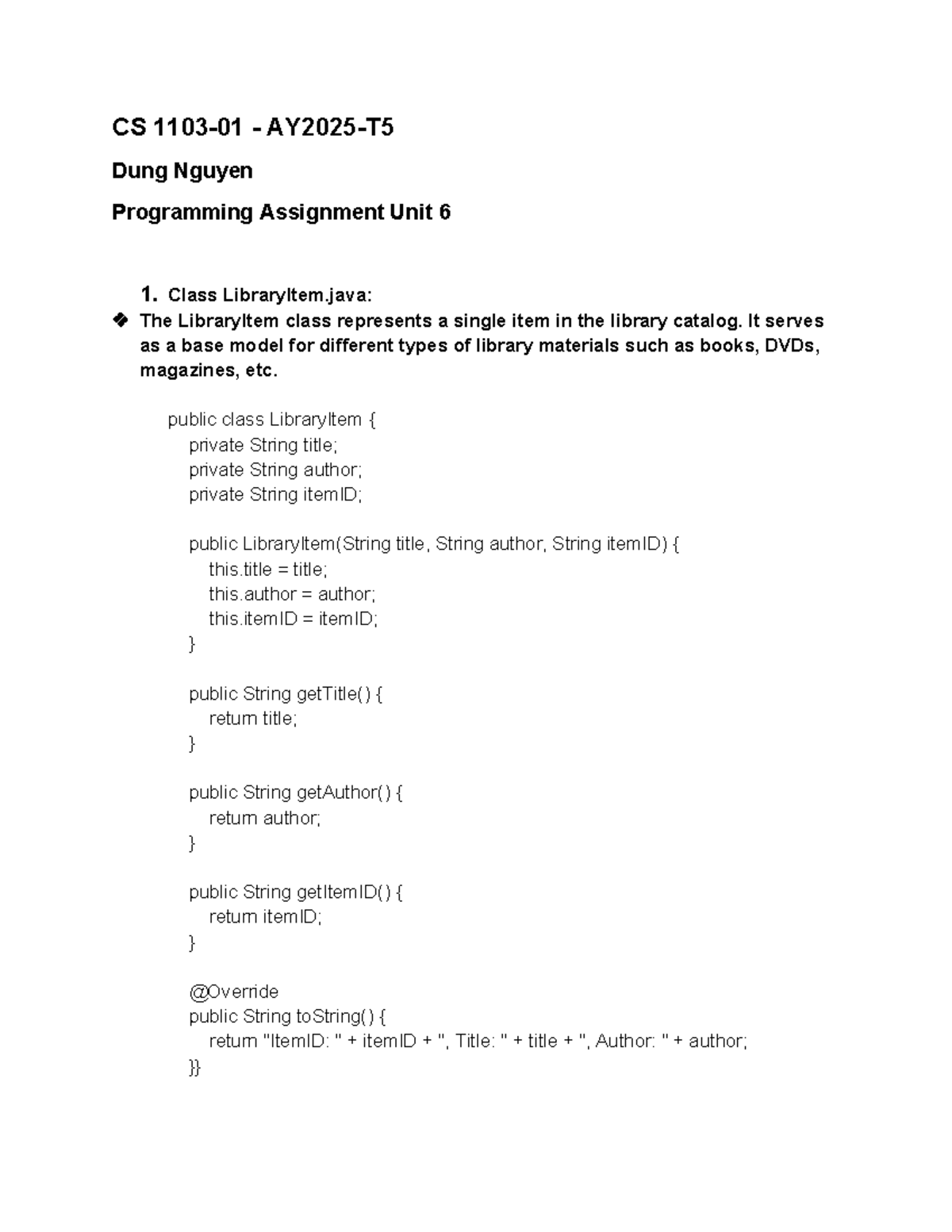 CS 1103-01 Programming Assignment U6: LibraryItem Class Overview - Studocu