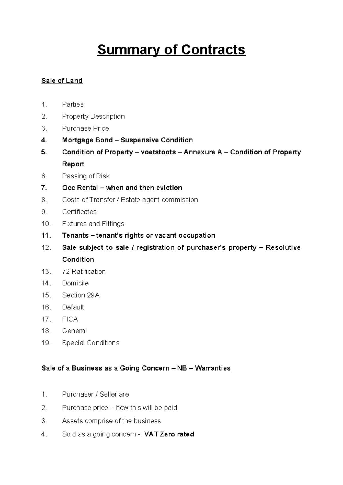 Summary of Contracts - Contract - Summary of Contracts Sale of Land ...