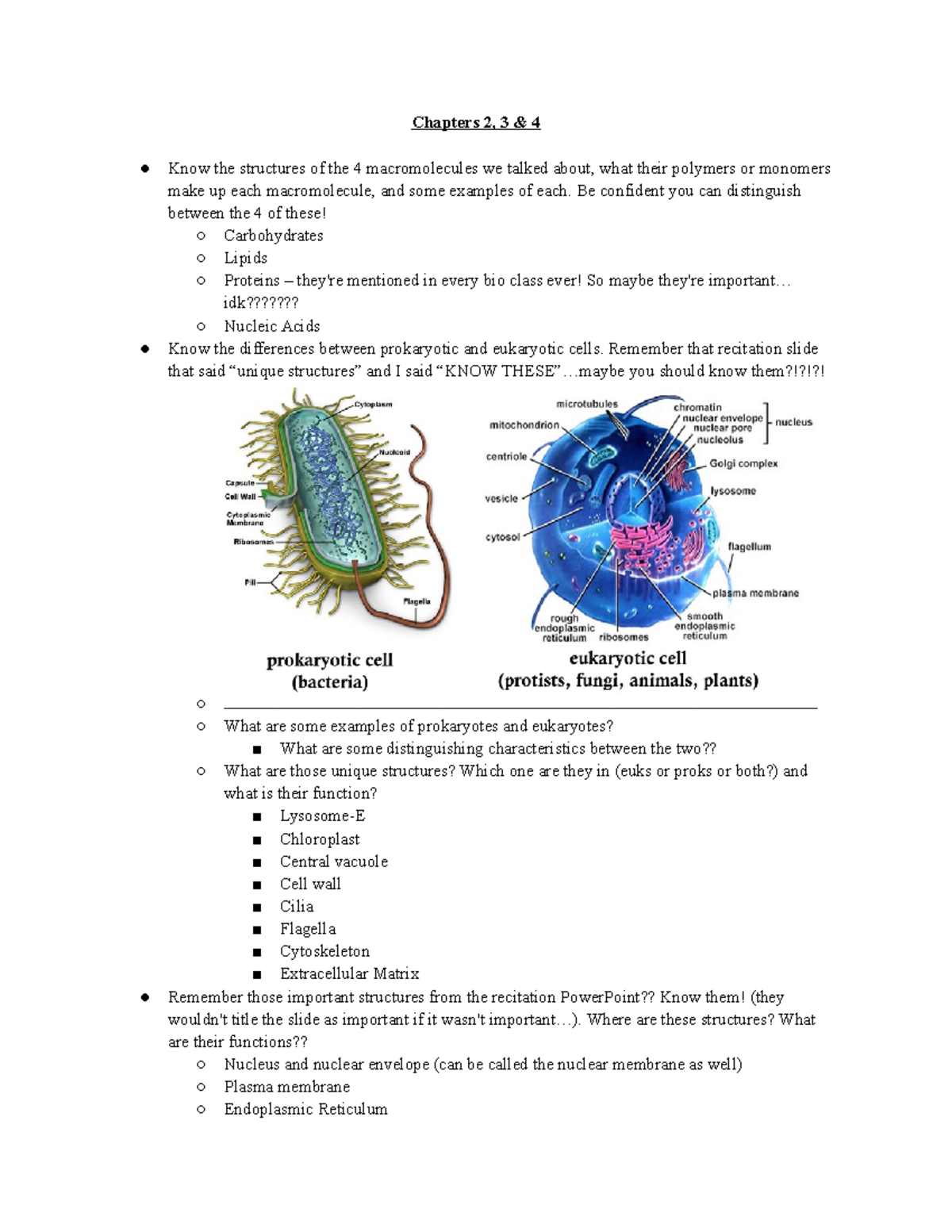 Exam 1 Recitation Study Guide - Chapters 2, 3 & 4 Know the structures ...