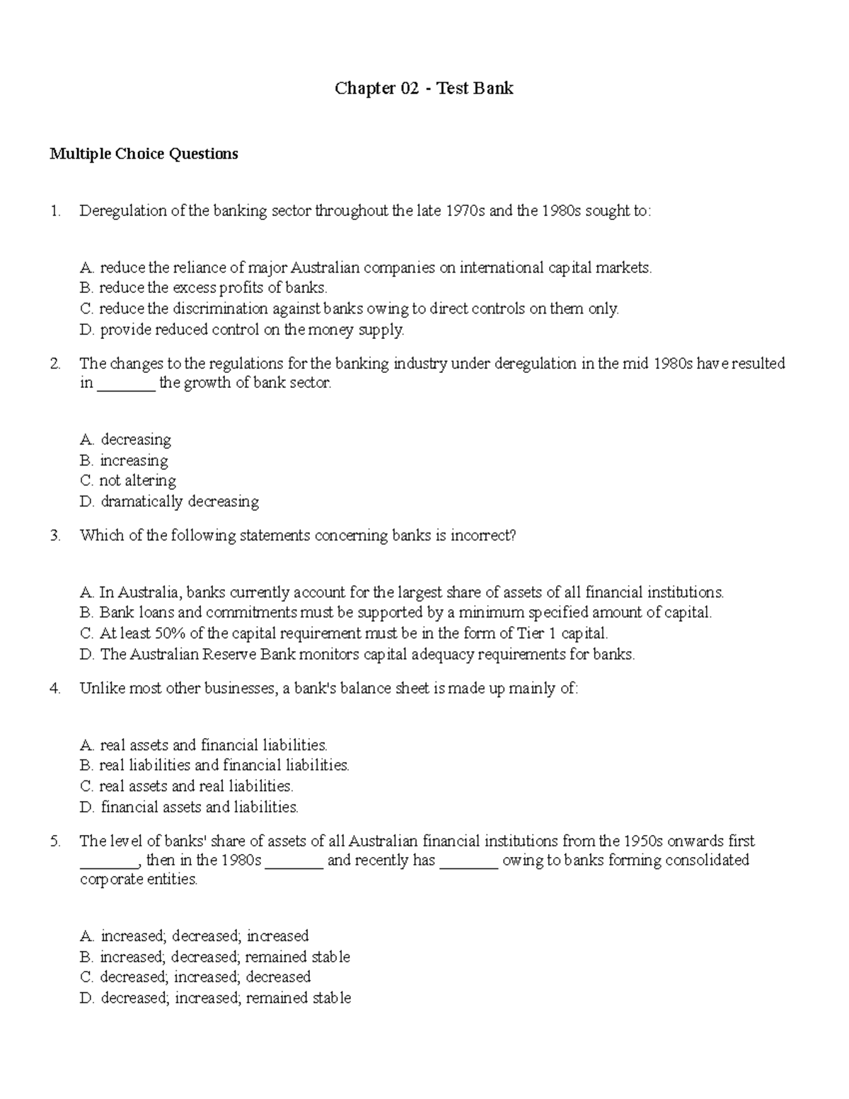 Chapter 02 - Banking Sector Test Bank Questions and Answers - Studocu