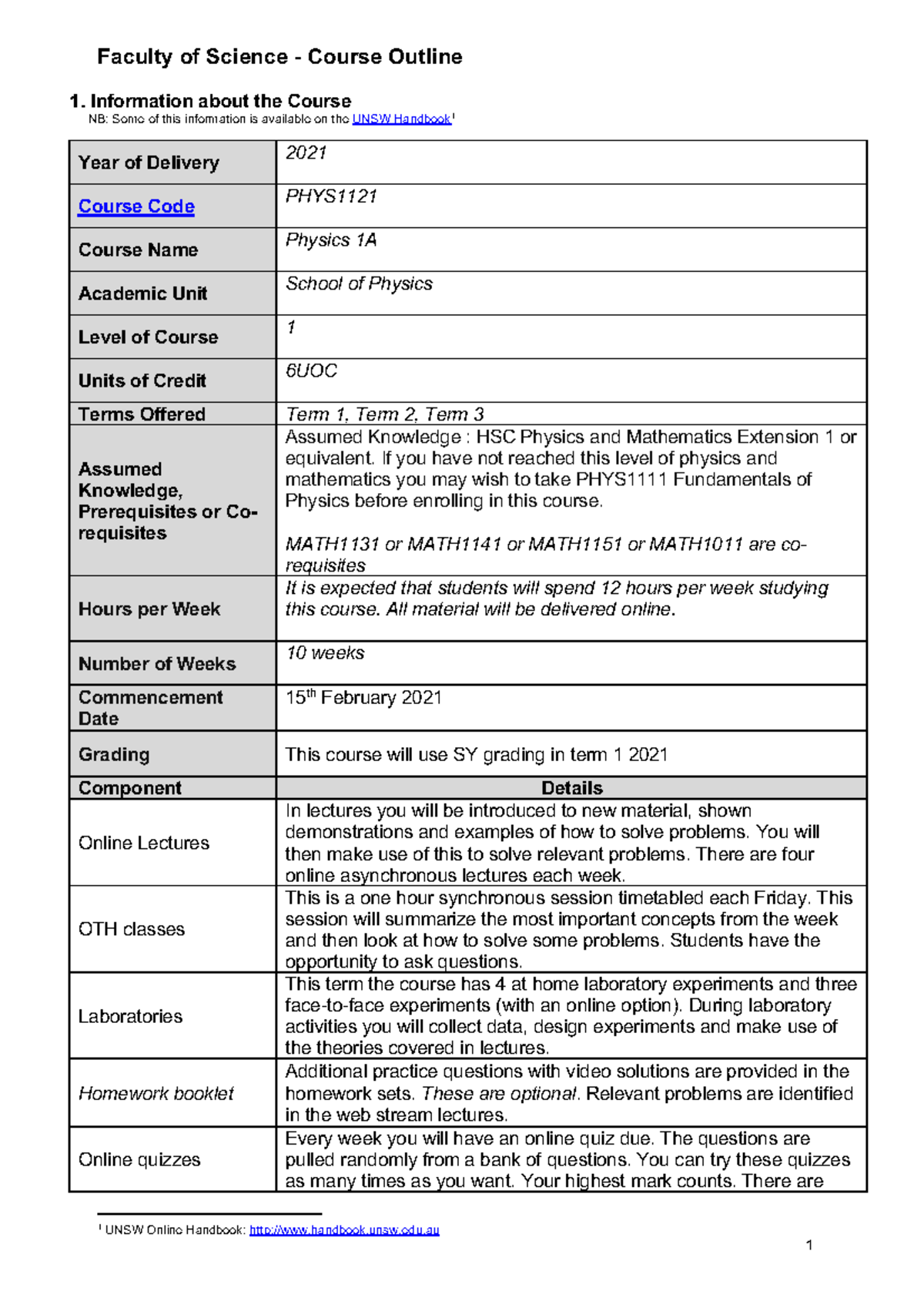 2021 PHYS1121 Physics 1A Course Outline and Assessment Details - Studocu