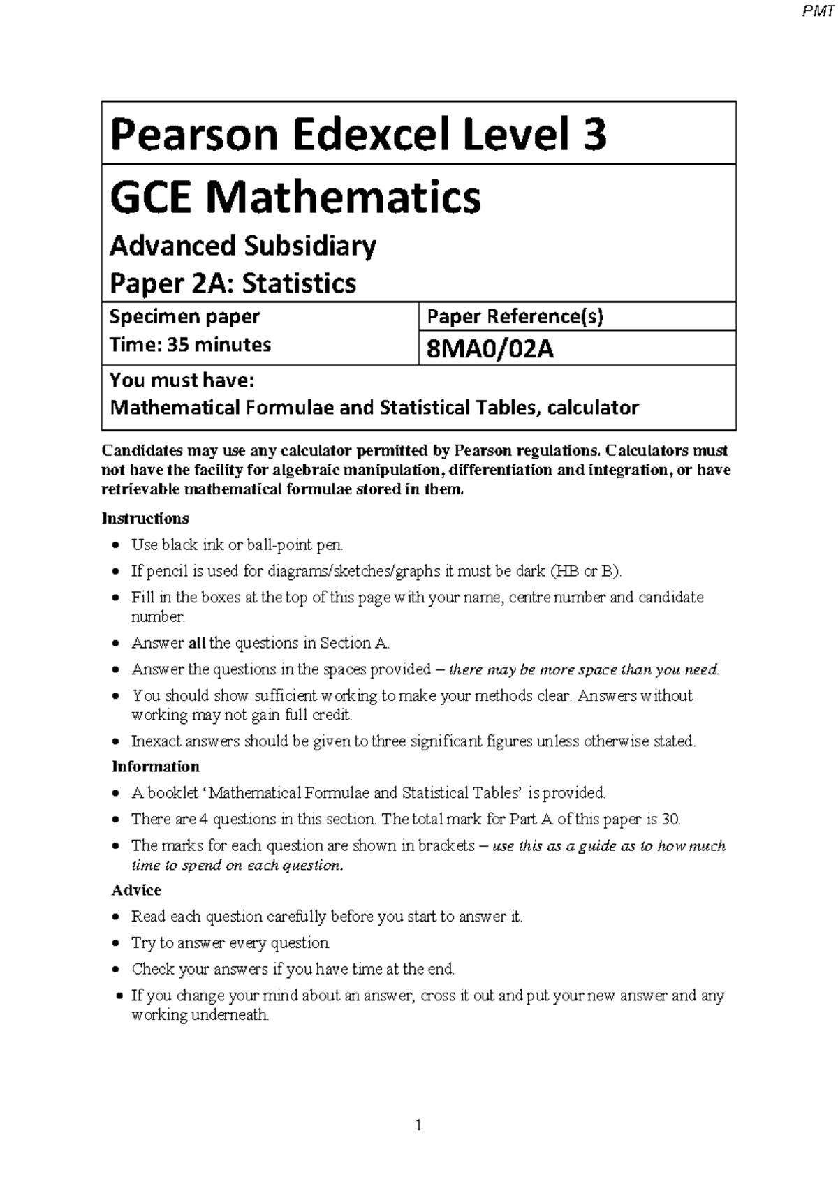 Specimen QP - Paper 2A Statistics and Paper 2 Mechanics Edexcel Maths ...