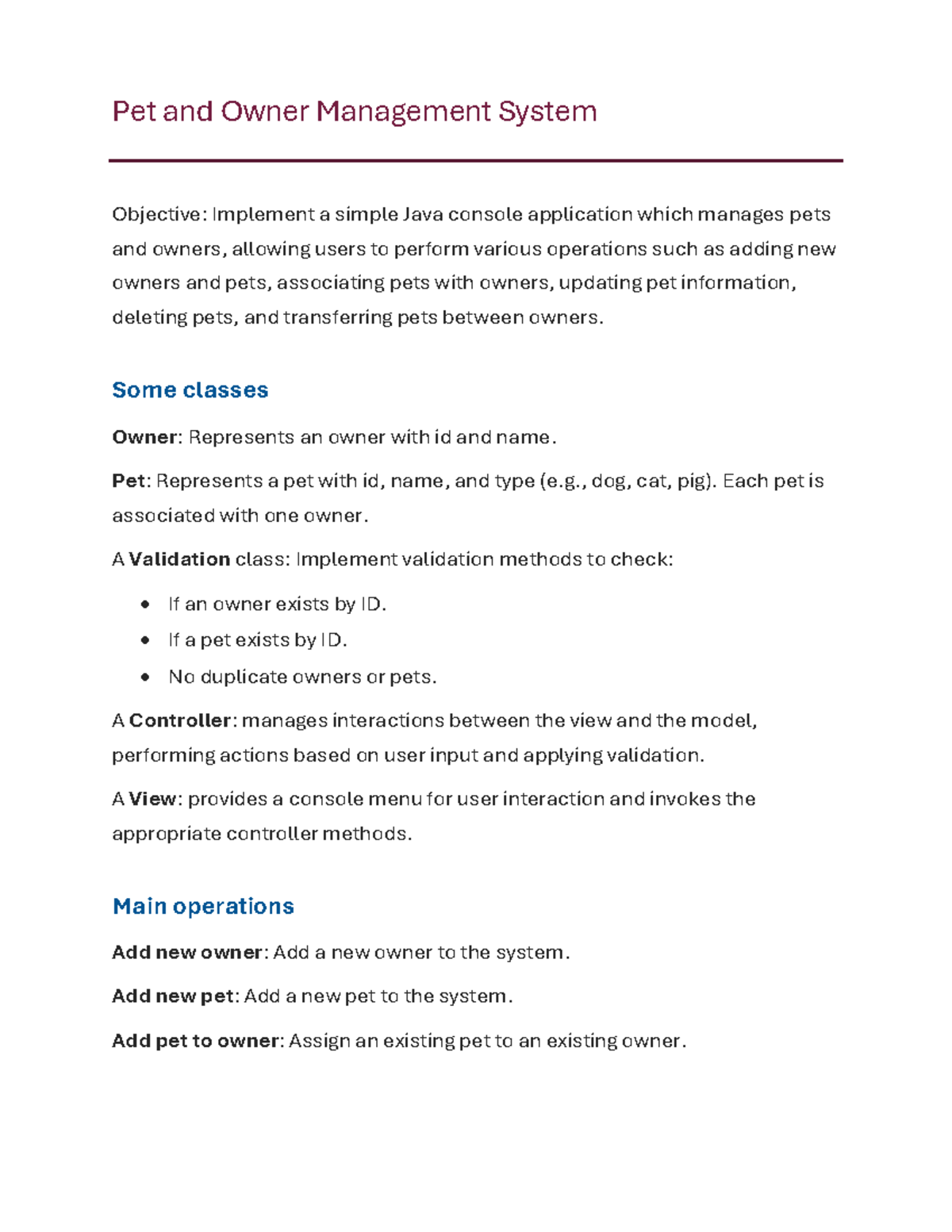 Pet Owner Management System in Java: Implementation Guide (CS101) - Studocu