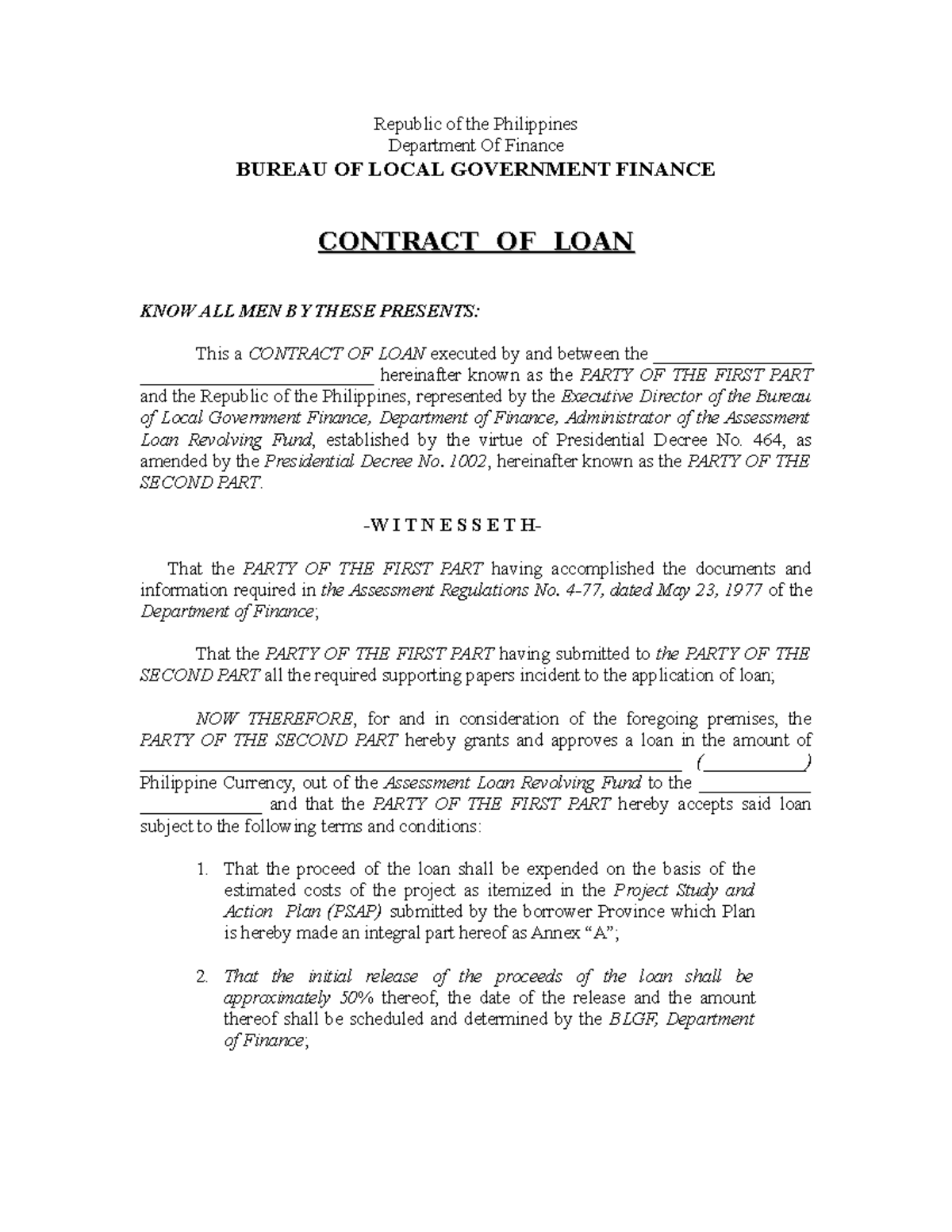 Contract of Loan Sample - Bureau of Local Government Finance - Studocu