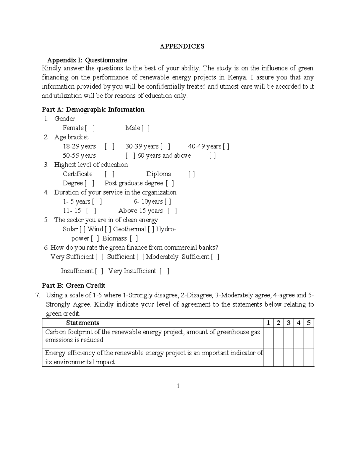 KENGR 401: Sample Questionnaire on Green Financing & Renewable Energy ...