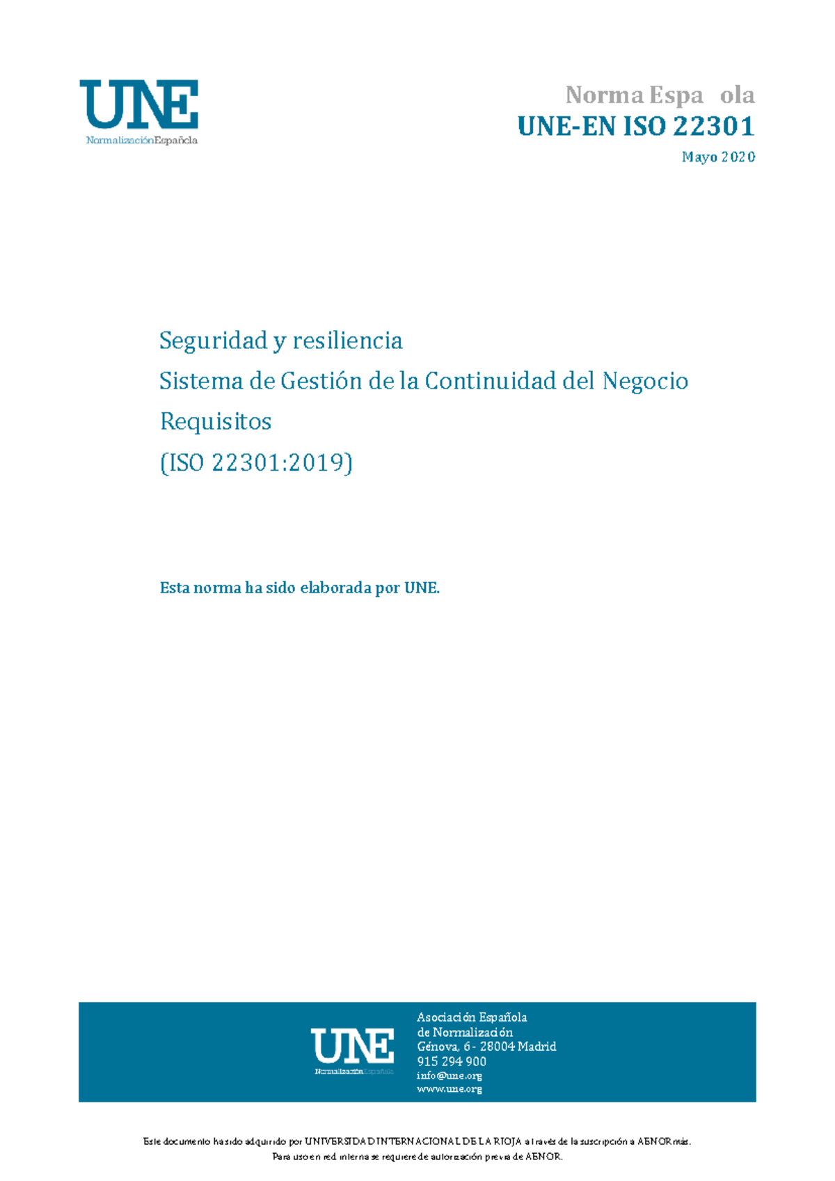 Norma ISO 22301:2019 - Requisitos para la Continuidad del Negocio - Studocu
