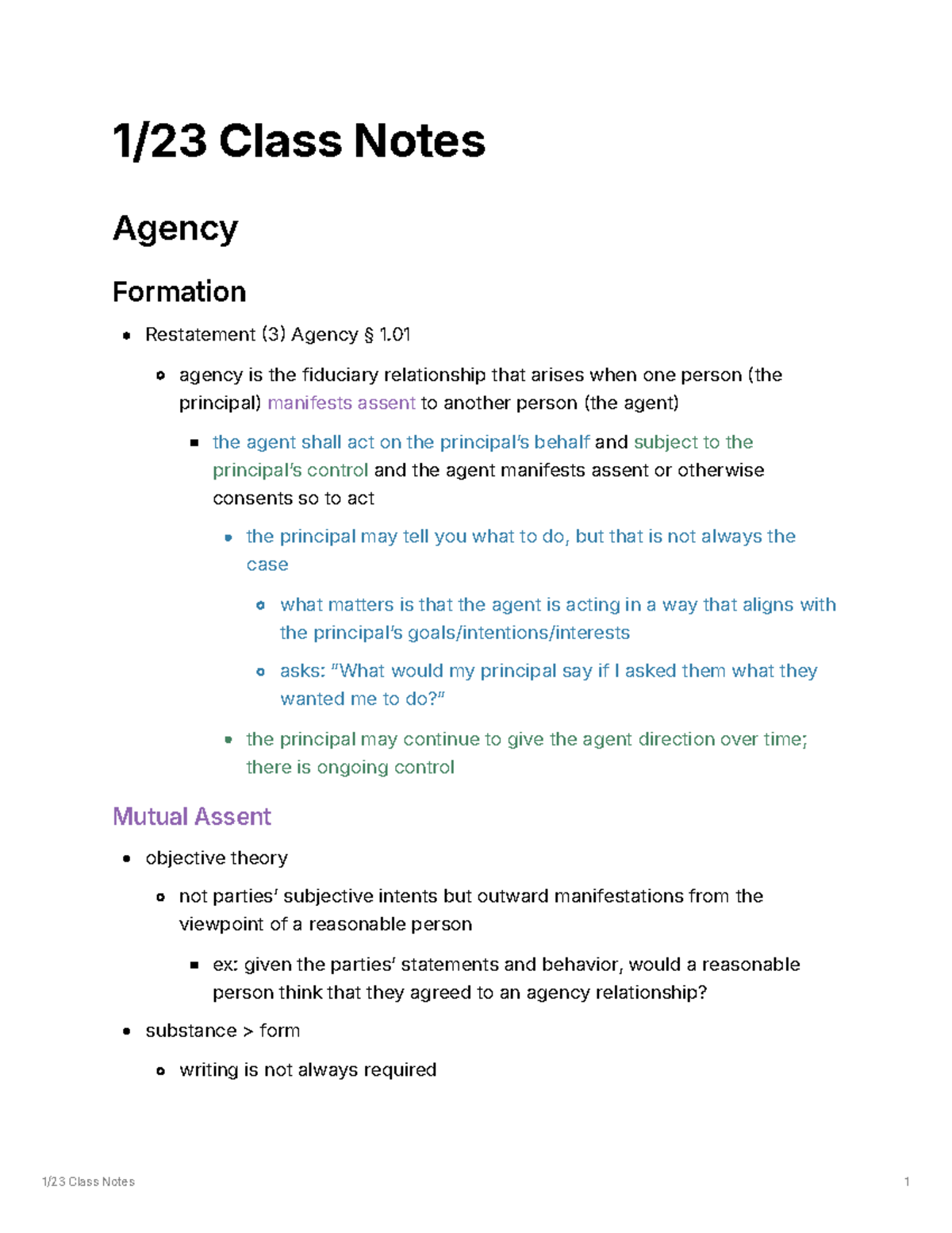 Agency Law Class Notes: Duties of Principals and Agents (LAW 101) - Studocu