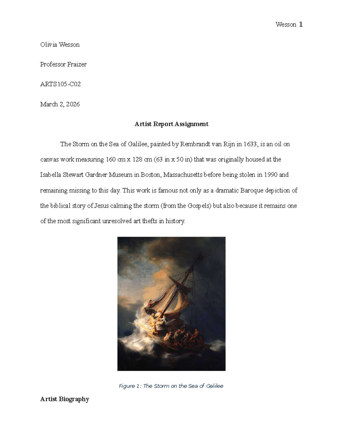 Artist Report Assignment: The Storm on the Sea of Galilee (ART 101 ...