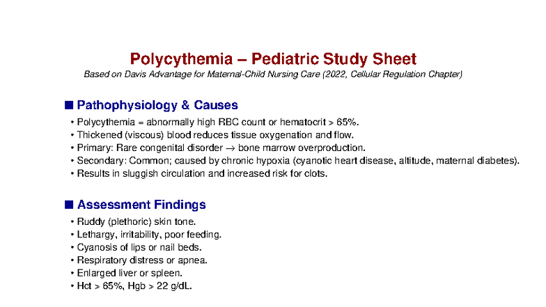 Polycythemia Pediatric Study Sheet (NUR 2022, Cellular Regulation ...