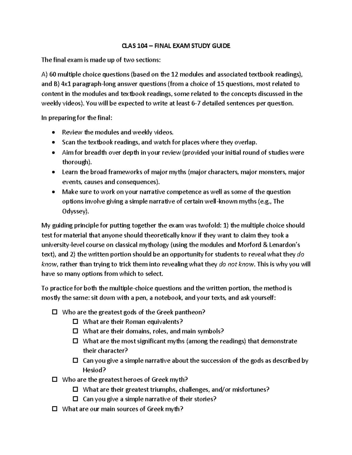CLAS 104 Final Exam Study Guide: Key Myths & Concepts - Studocu
