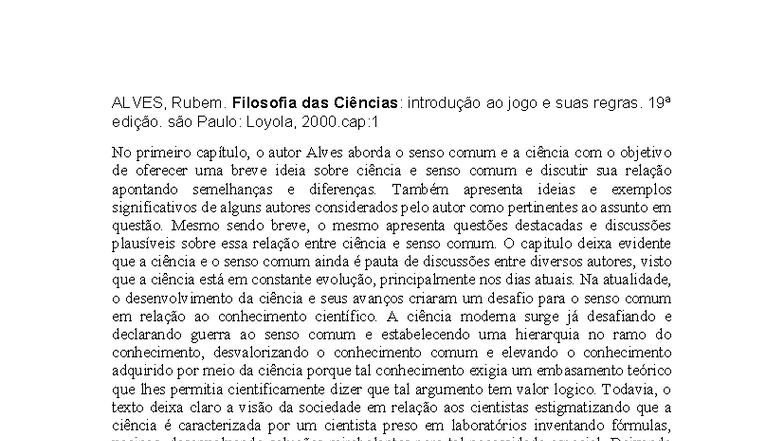 Resumo do Capítulo sobre Ciência e Senso Comum - ALVES, Rubem - Studocu