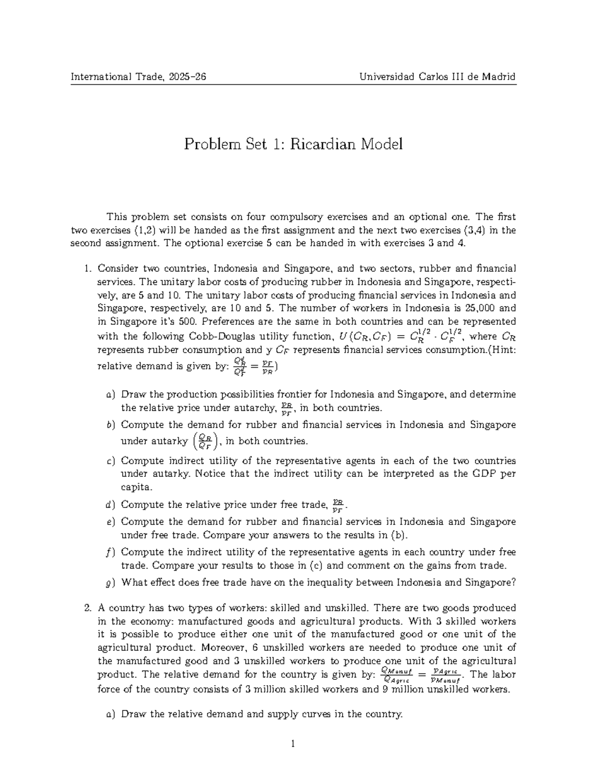 PS1 2025-26: International Trade Problem Set 1 - Ricardian Model ...