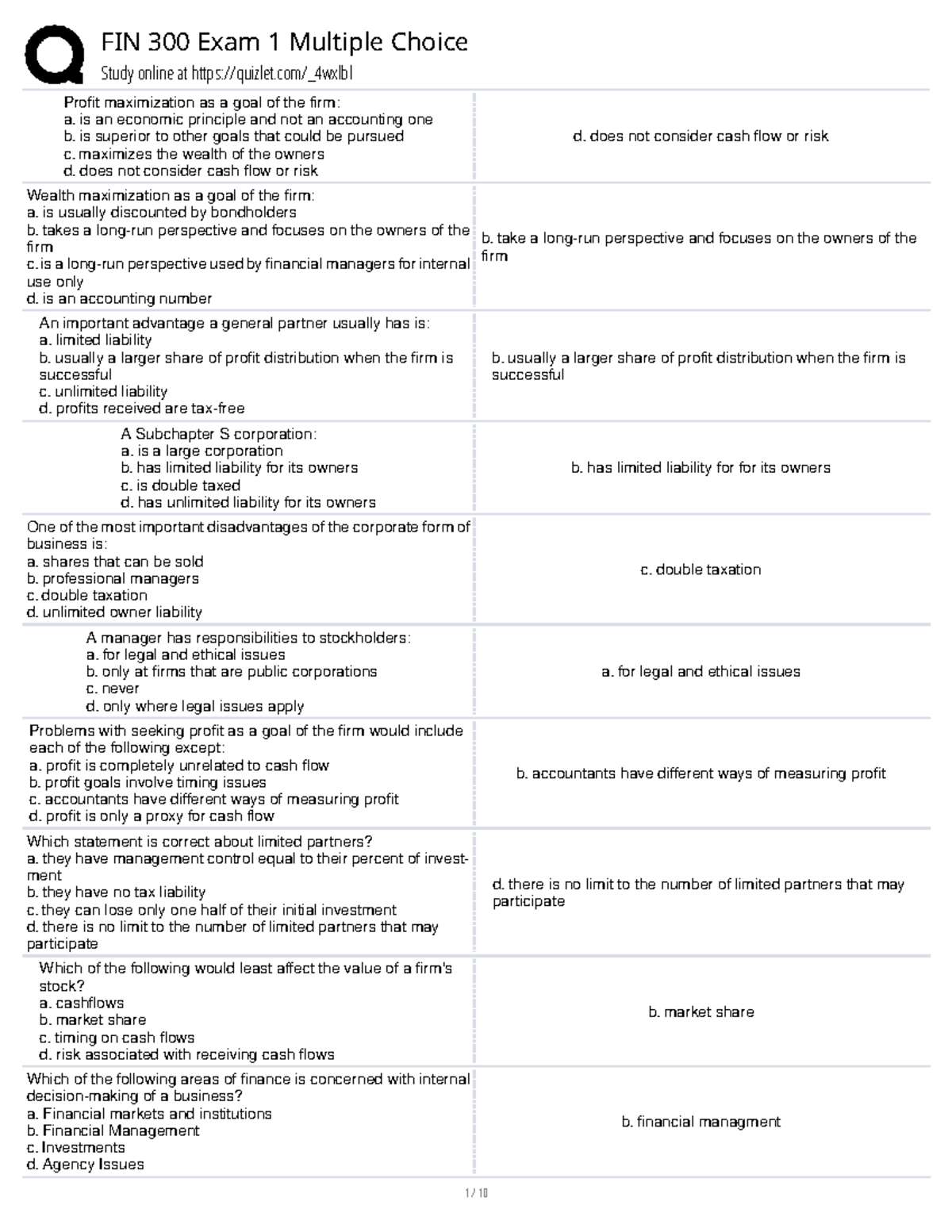 FIN 300 Exam 1 Multiple Choice Study Guide - Studocu