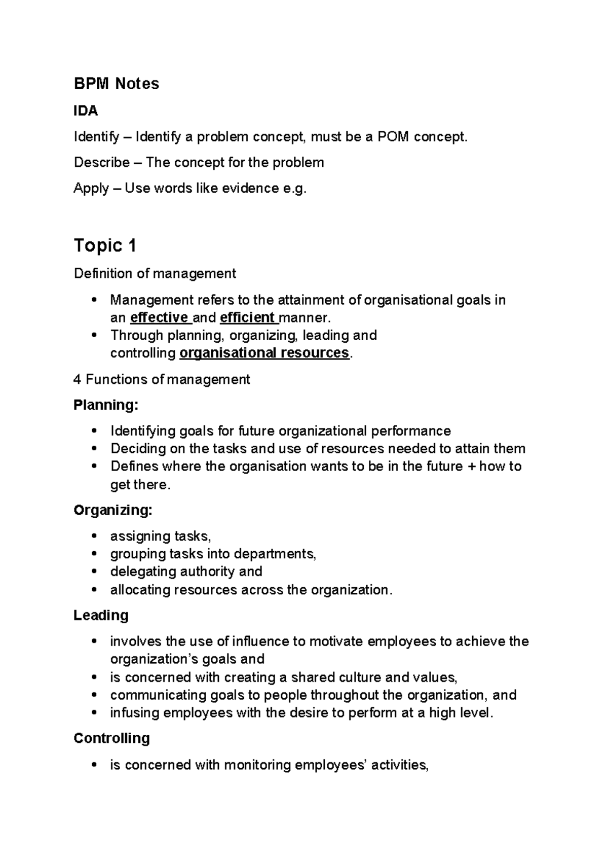 BPM Notes IDA: Understanding Management Concepts and Planning - Studocu