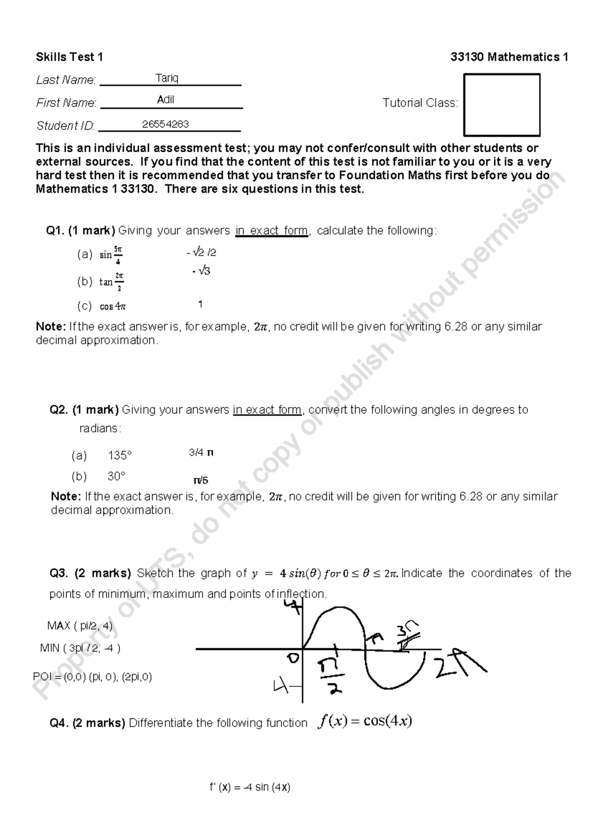 Mathematics 1 33130 Skills Test 1 - Adil Tariq - Studocu