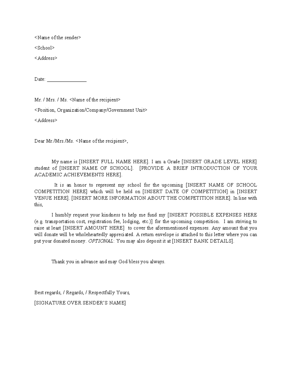 Solicitation Letter Sample Template for School Competition - - Studocu