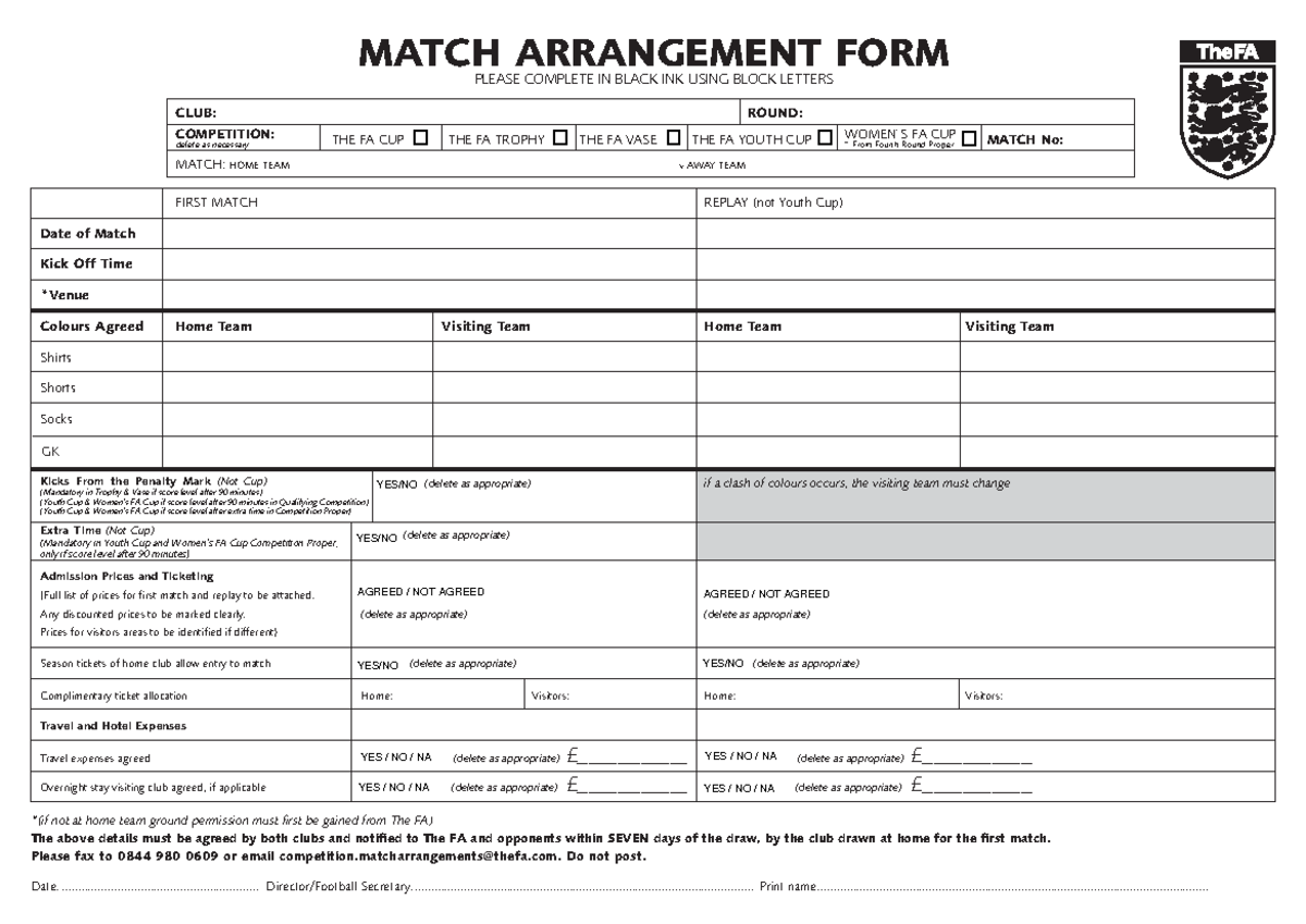 Match Arrangement Form for The FA Competitions - Studocu
