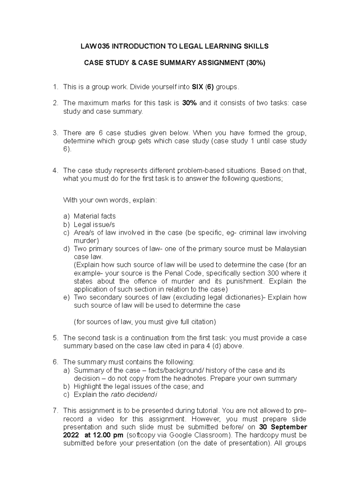 Assignment CASE Study (AUG 2022) - LAW 035 INTRODUCTION TO LEGAL ...